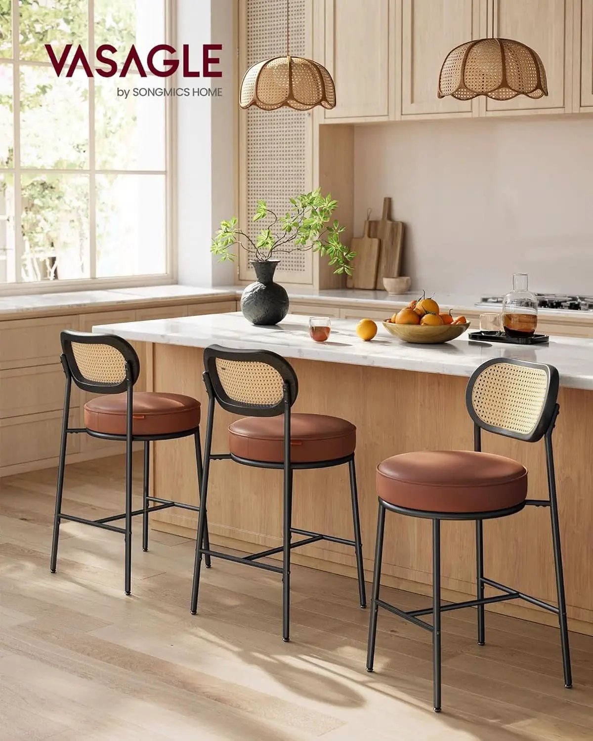 Caramel Brown Leather Bar Stools Set Of 2 25.1 Inch Tall from PriceLows™