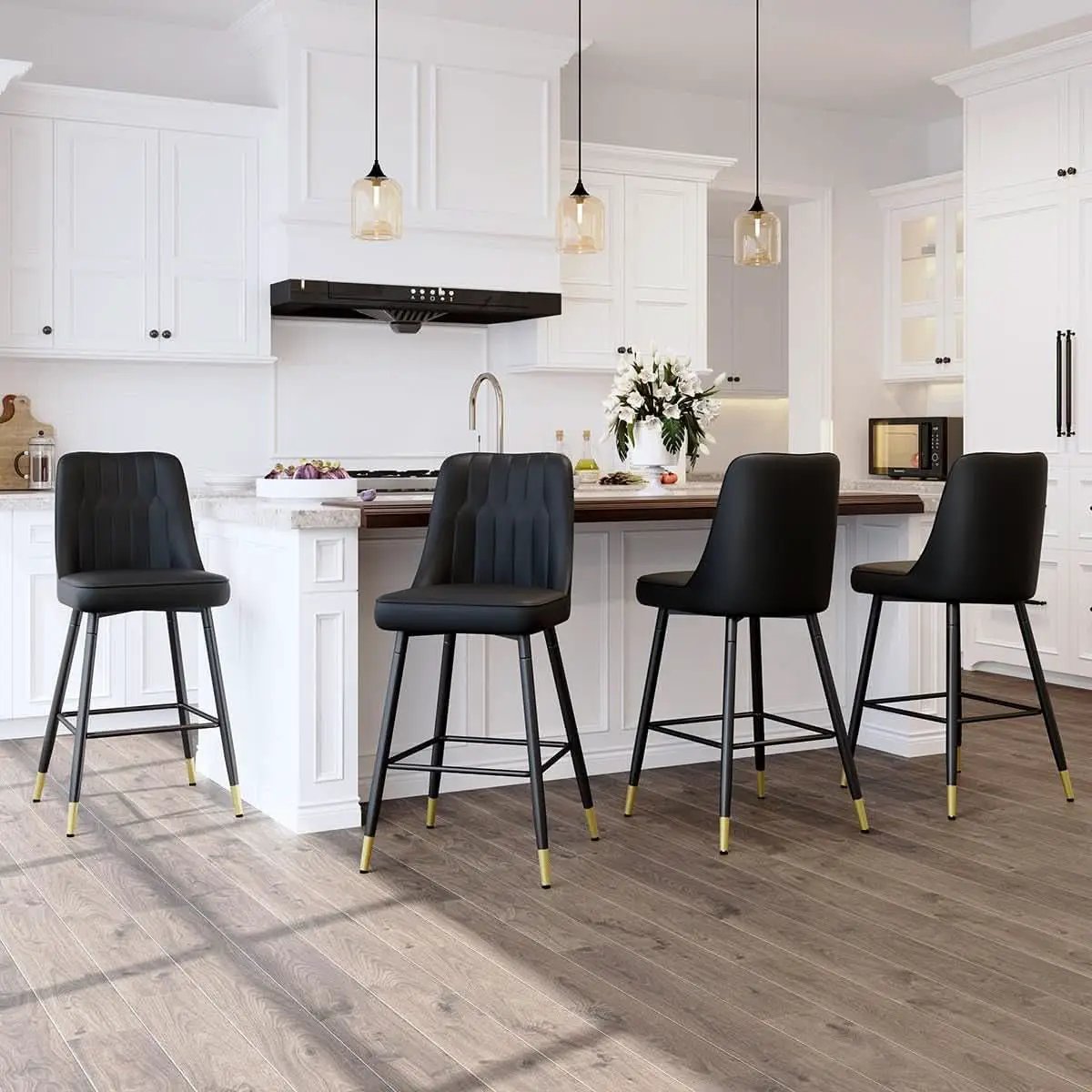 27 Inch Black Counter Height Bar Stool Set With Back Faux Leather from PriceLows™
