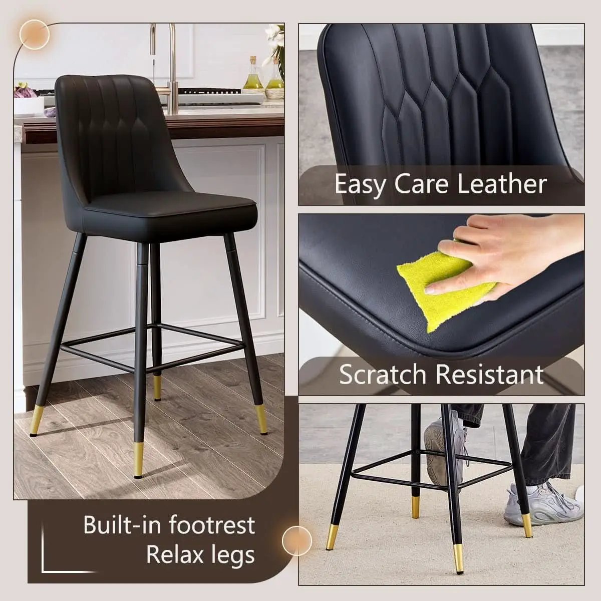 27 Inch Black Counter Height Bar Stool Set With Back Faux Leather from PriceLows™