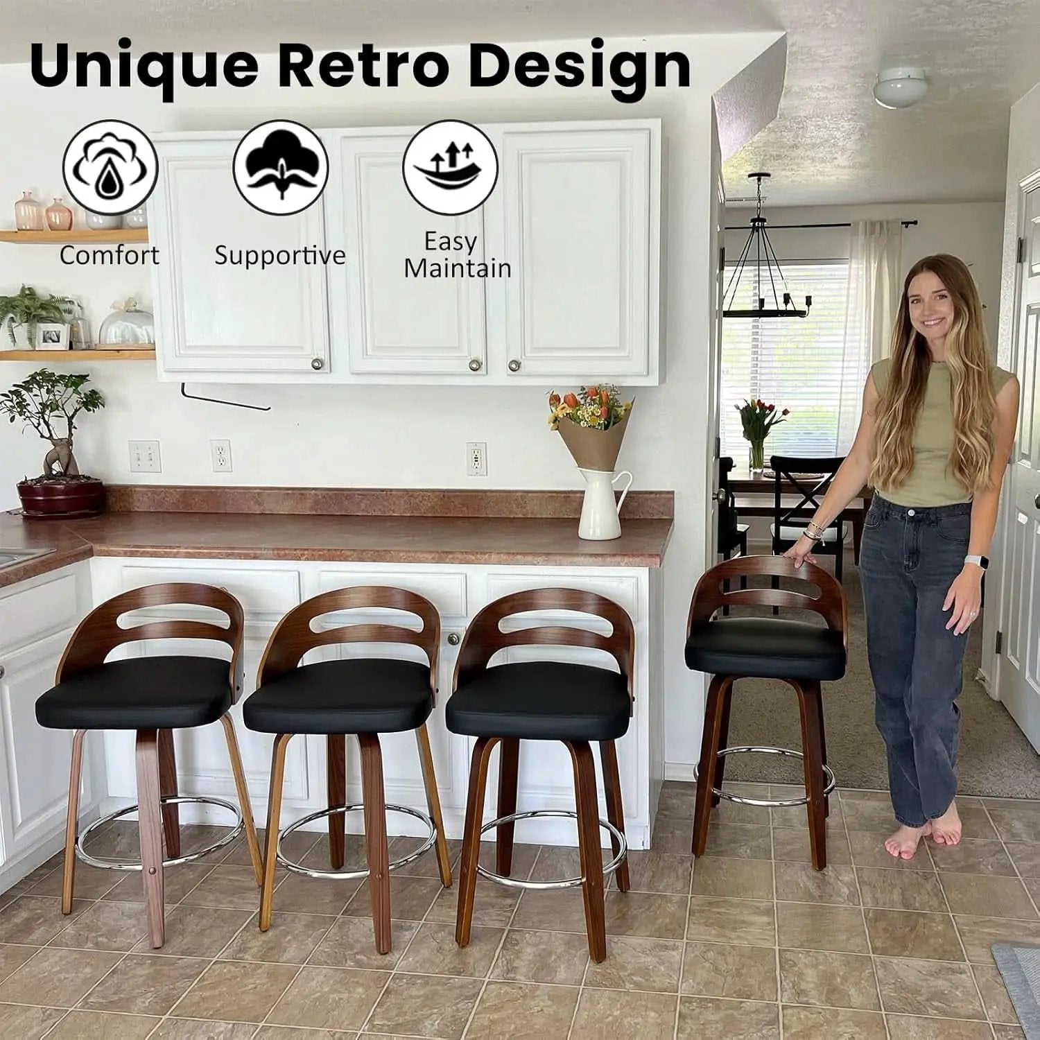 Bar Stools Set of 3 Swivel 30 Inch Beige Faux Leather from PriceLows™