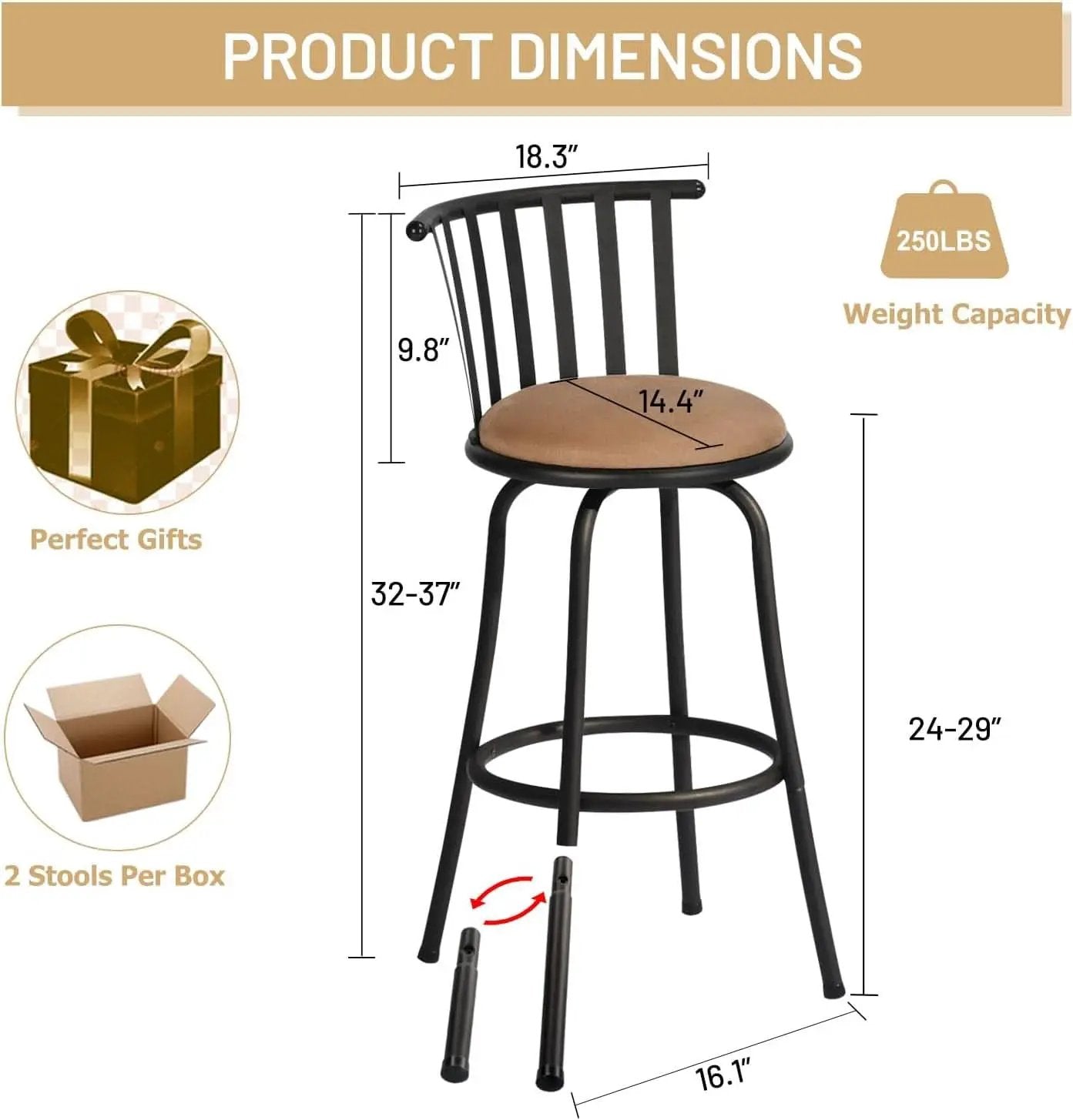 Swivel Bar Stools Set 3 Adjustable 24 To 29 Inches Brown from PriceLows™