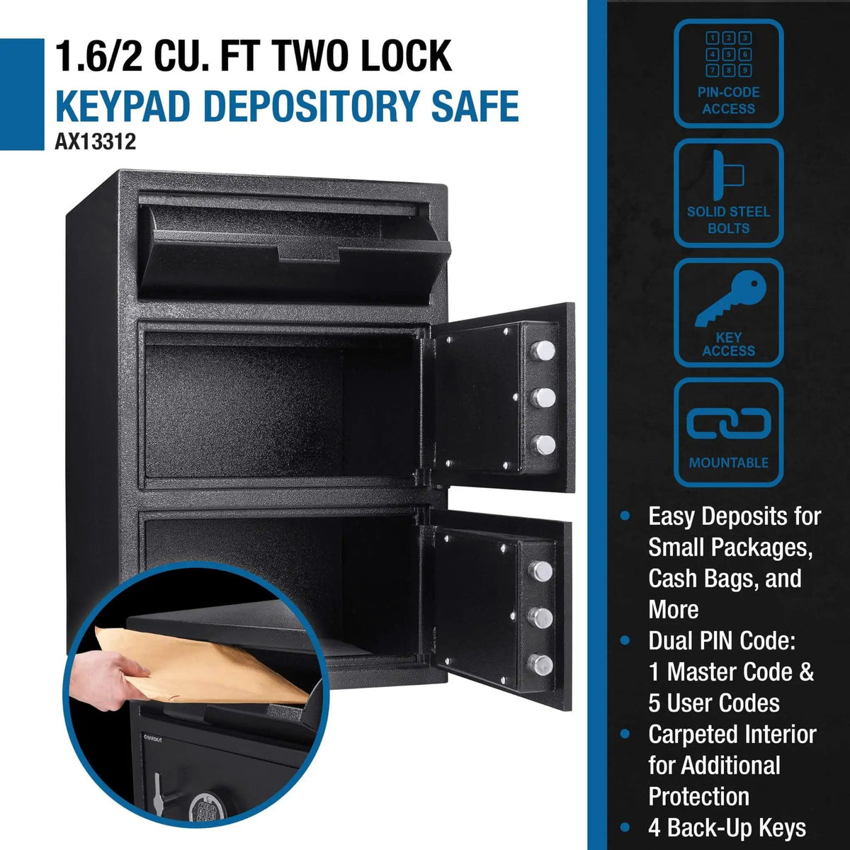 Dual Compartment Depository Safe | Barska 1.60 CF Capacity | Digital Keypad | Top Hopper