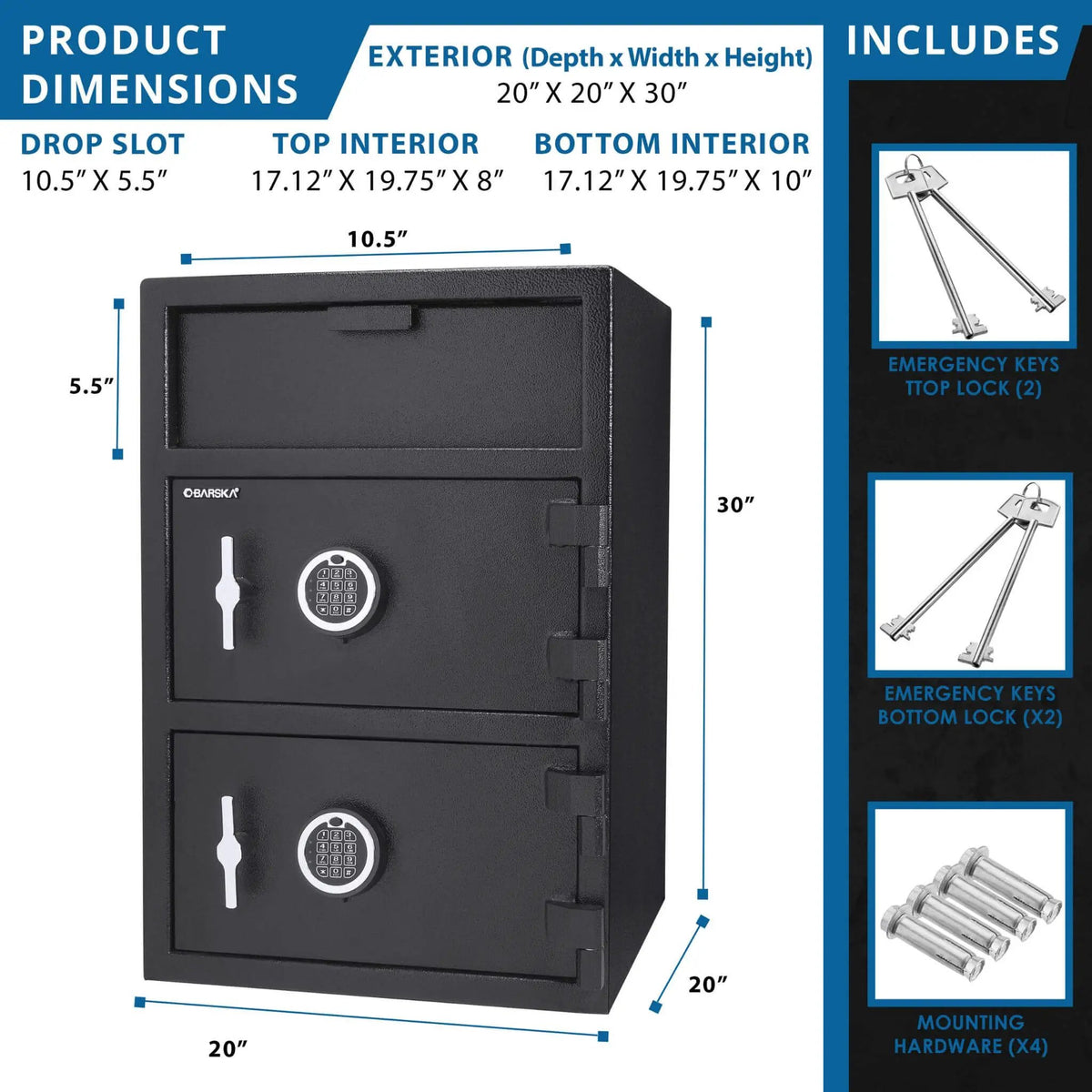 Dual Compartment Depository Safe | Barska 1.60 CF Capacity | Digital Keypad | Top Hopper