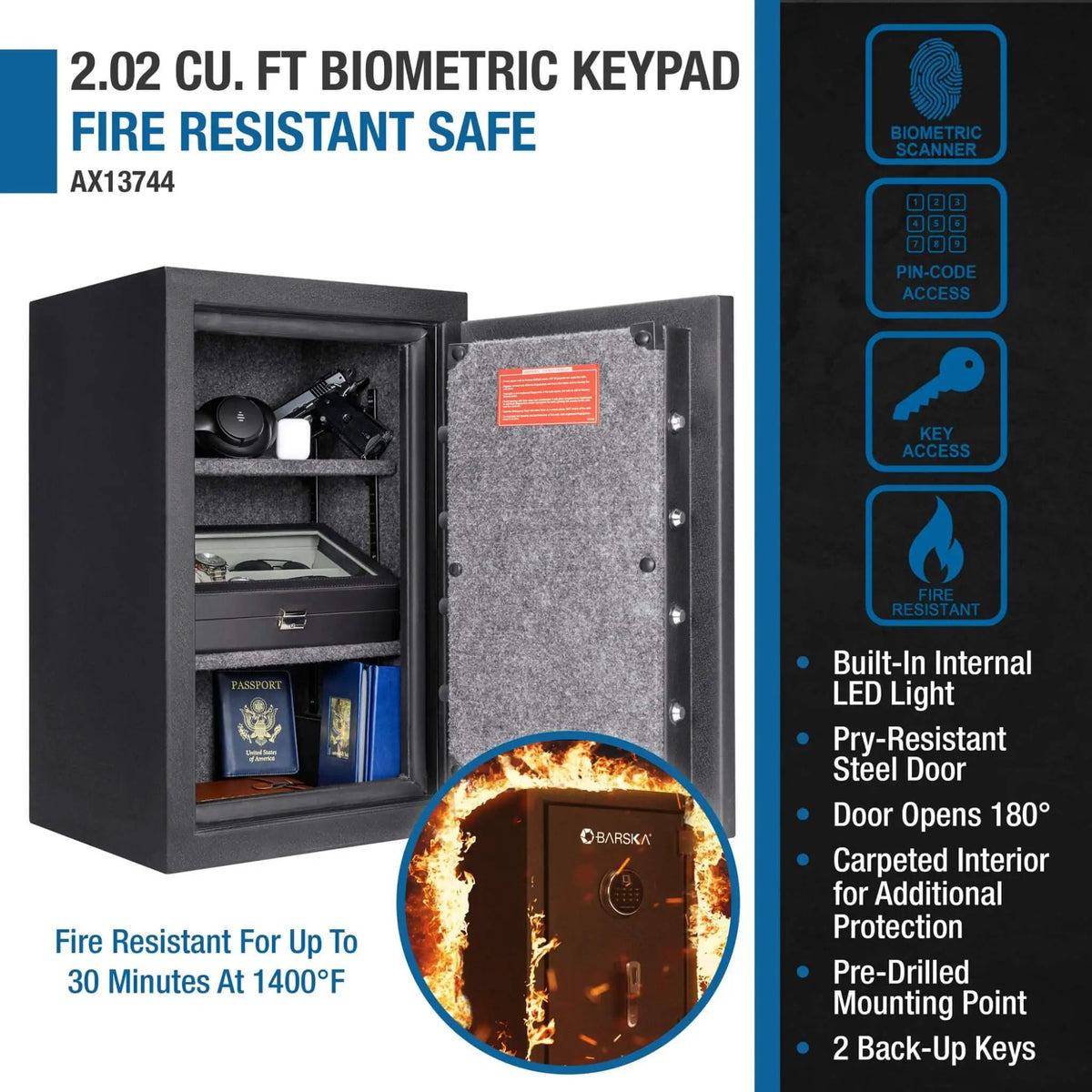 Fire Resistant Safe | Barska 2.02 CF Capacity | Biometric Keypad | Solid Steel Construction