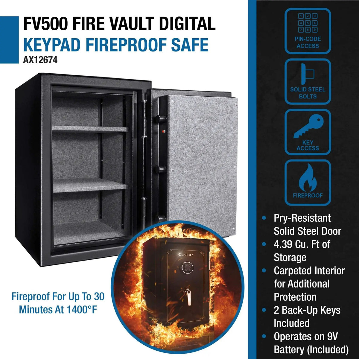 Fireproof Steel Safe Vault | Barska 4.39 CF Capacity | Digital Keypad | Pry-Resistant Door