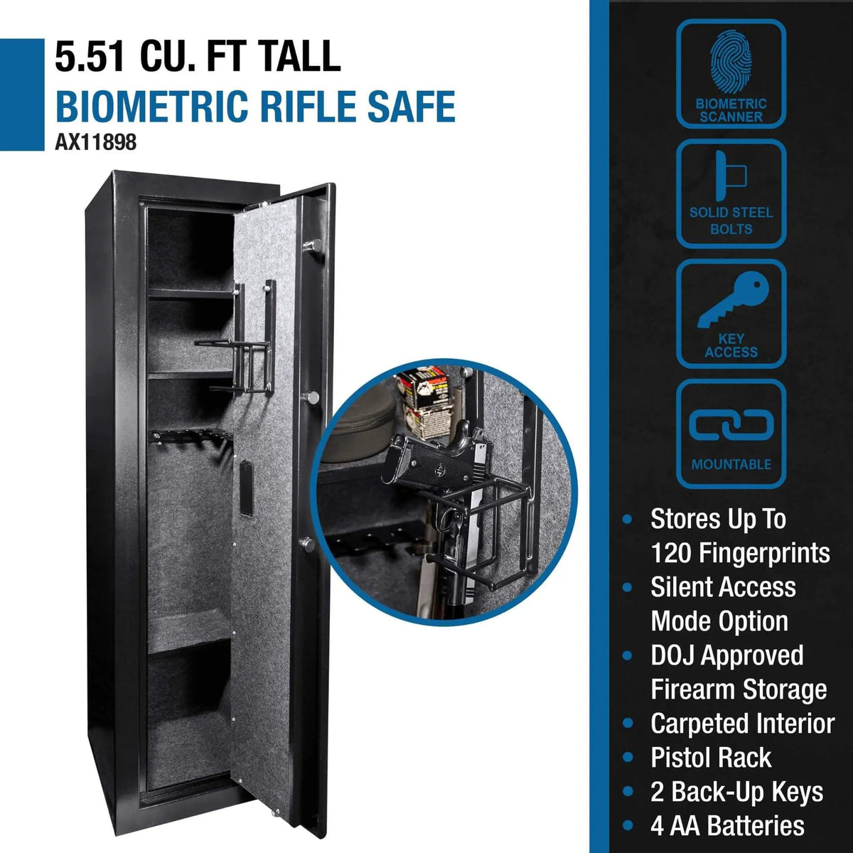 Tall Biometric Rifle Safe | Barska 5.51 CF Capacity | Pry-Resistant Solid Steel | Biometric Keypad