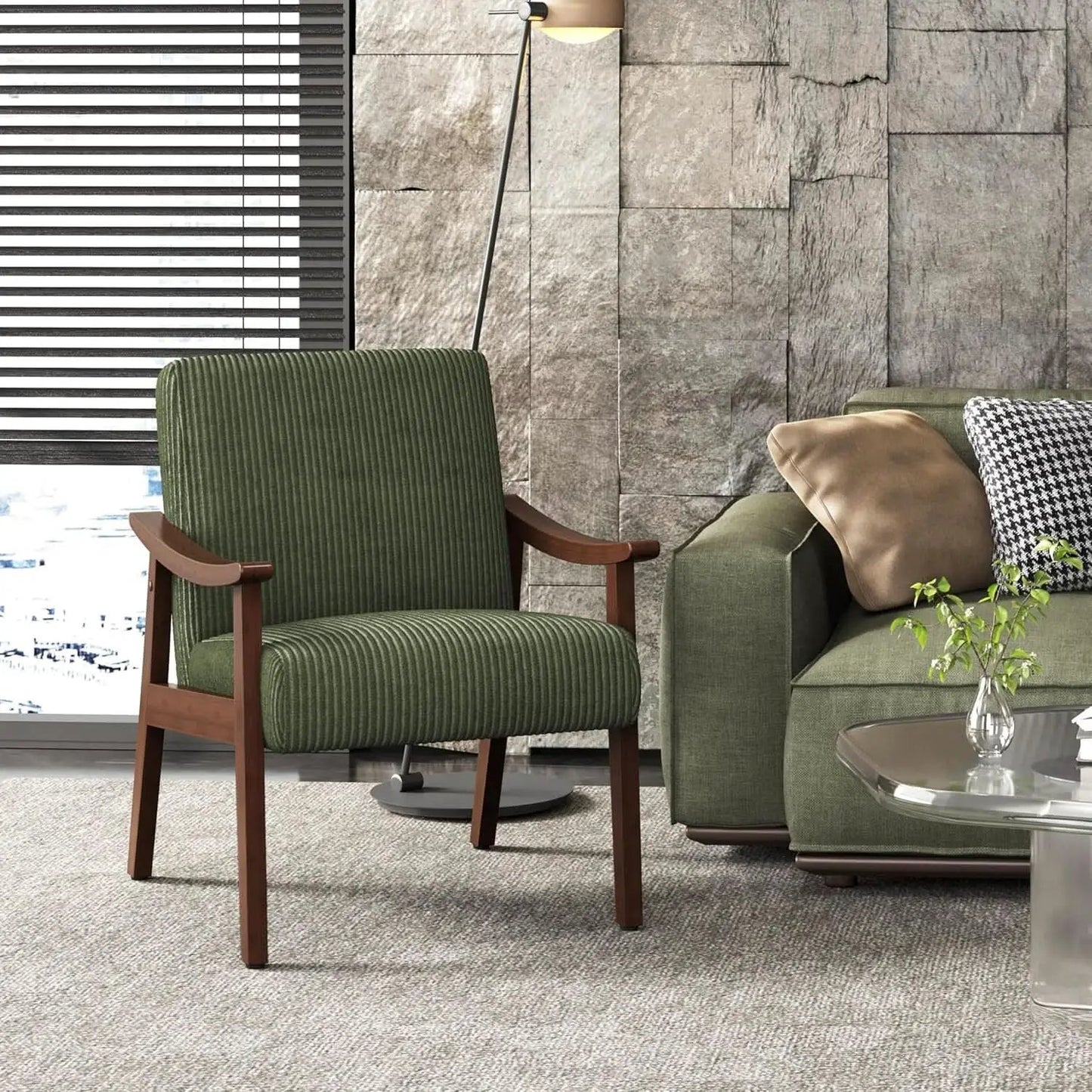 Dark Green Corduroy Armchair Mid Century Solid Wood from PriceLows™