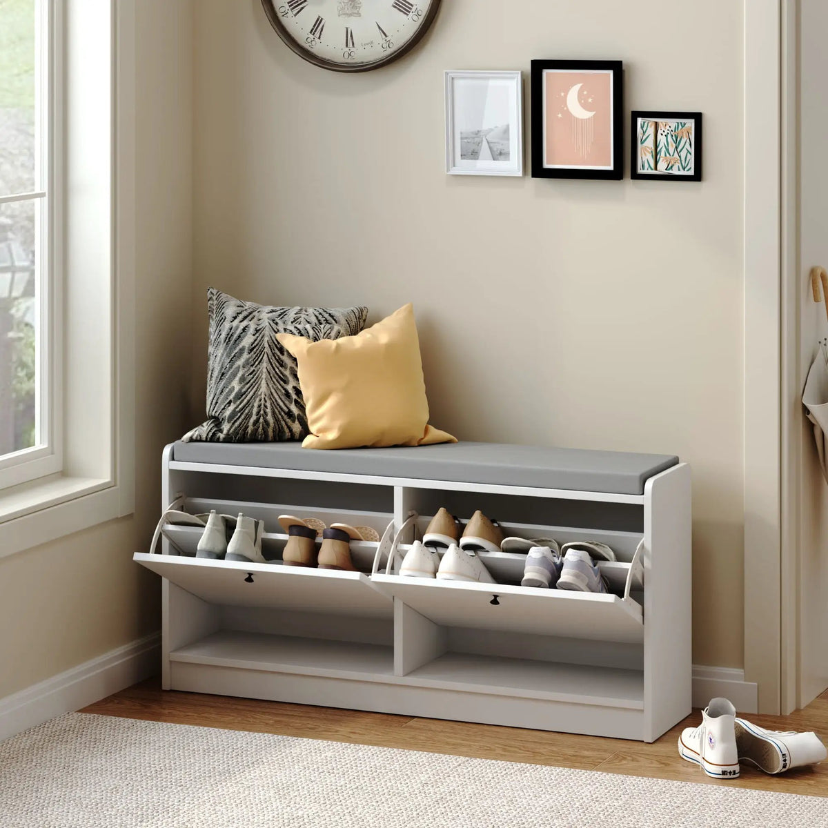 Shoe Storage Bench | Cushioned Seat | Adjustable Shelves | White