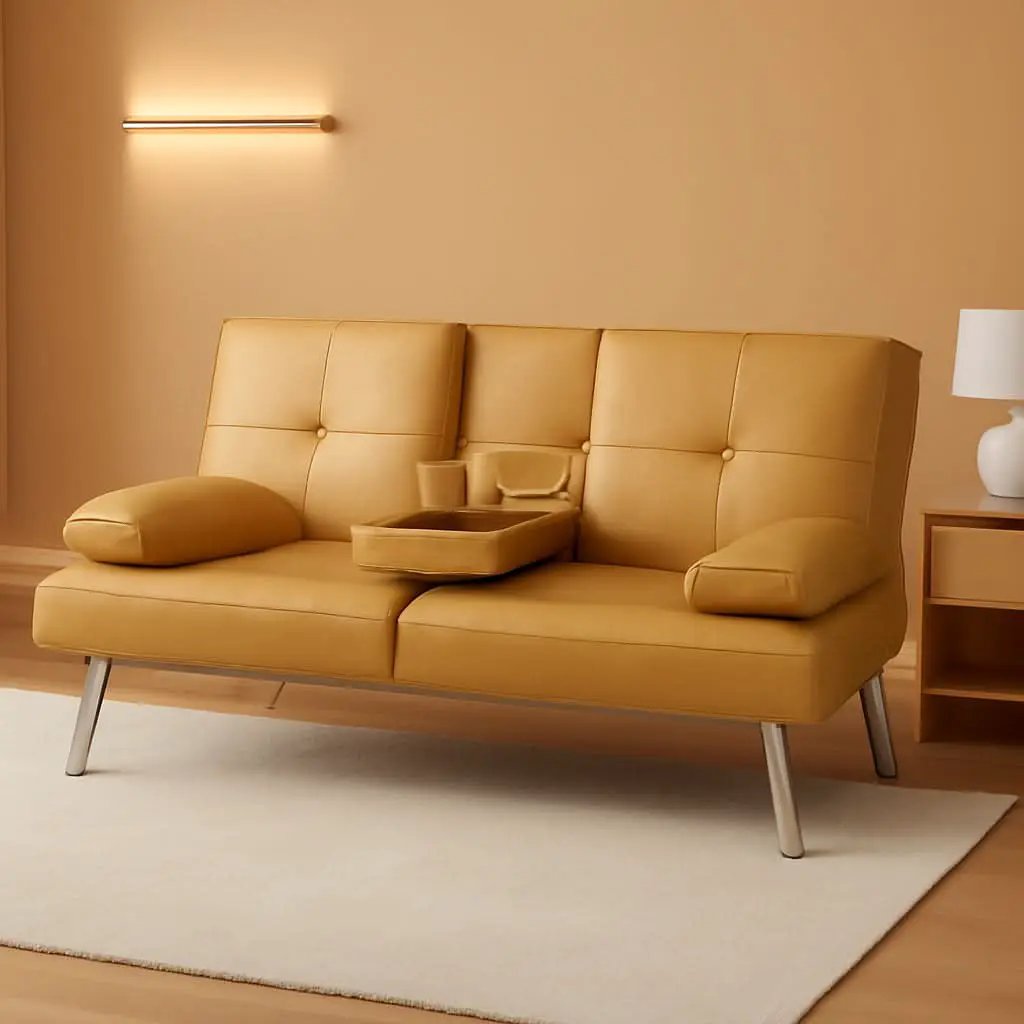 Convertible Futon Sofa Bed in Faux Leather Camel Yellow with Removable Armrests from PriceLows™