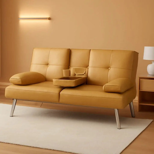 Convertible Futon Sofa Bed in Faux Leather Camel Yellow with Removable Armrests from PriceLows™