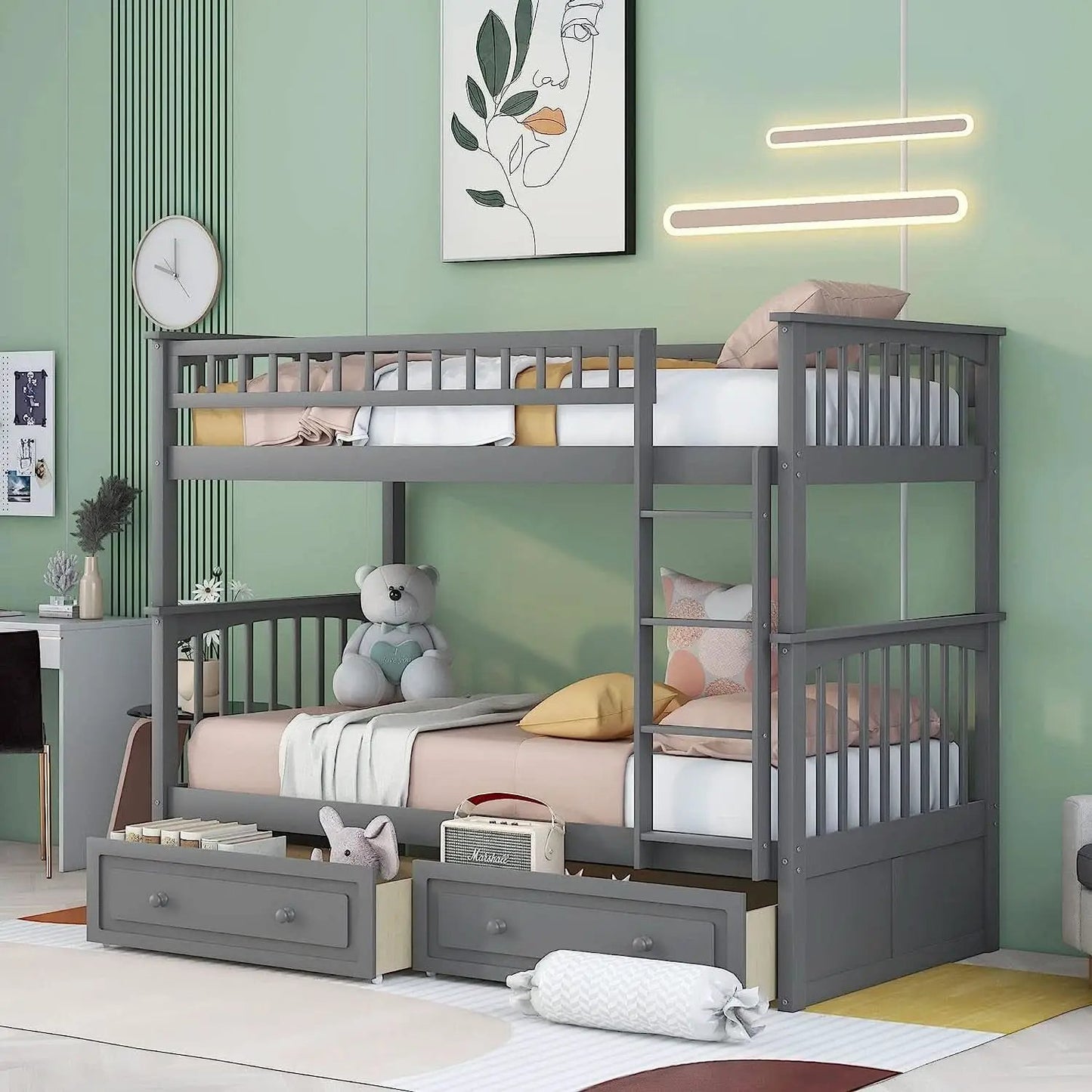 Grey Twin Bunk Bed With Storage Drawers Safety Rail from PriceLows™