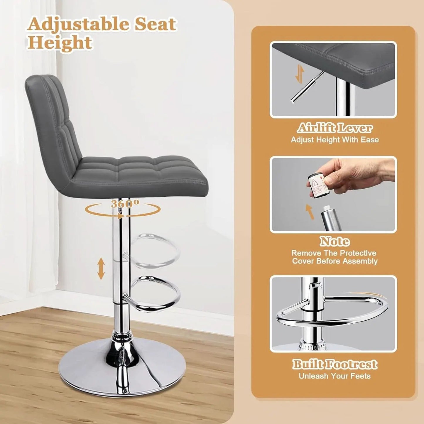 Grey Adjustable Swivel Bar Stools Set of 2 With PU Leather from PriceLows™