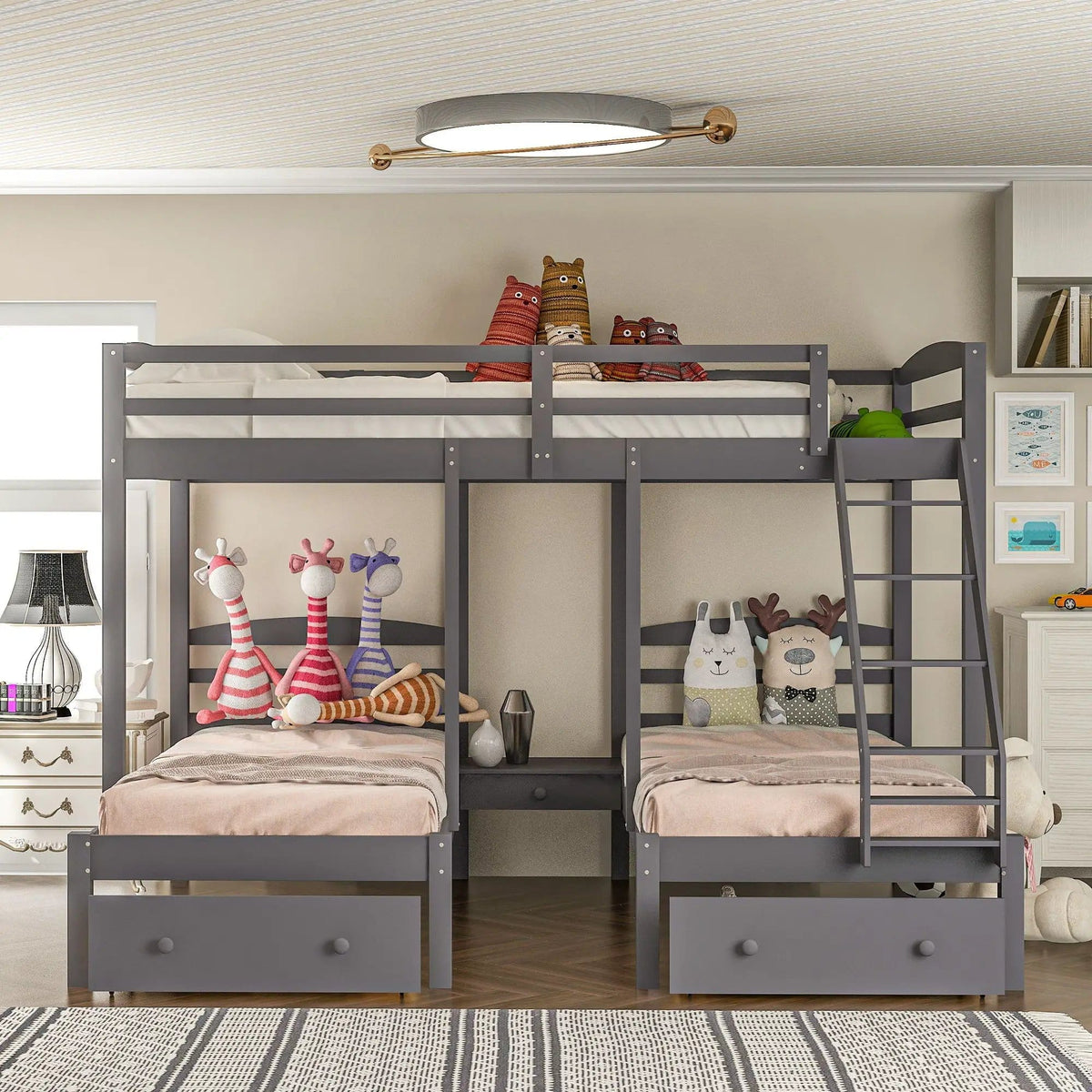 Full Over Twin & Twin Bunk Bed, Triple Bunk Bed With Drawers - | Bunk Bed | Pine Wood & Mdf | Gray