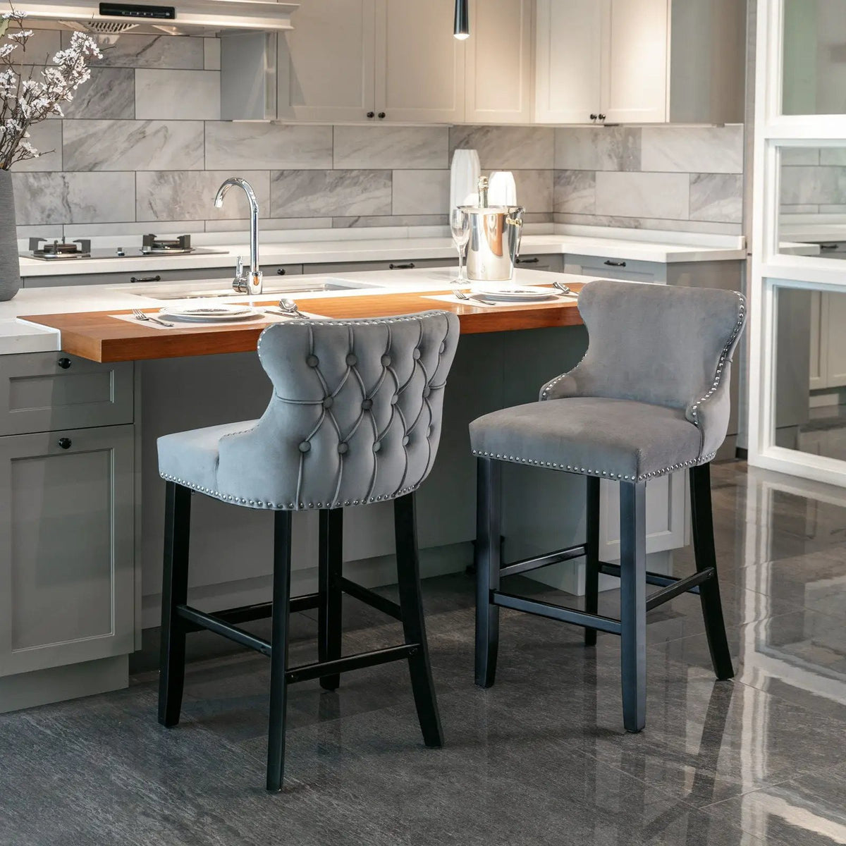 Wing-Back Barstools | Button Tufted Decoration | Wooden Legs With Nailhead Trim | Contemporary Upholstery
