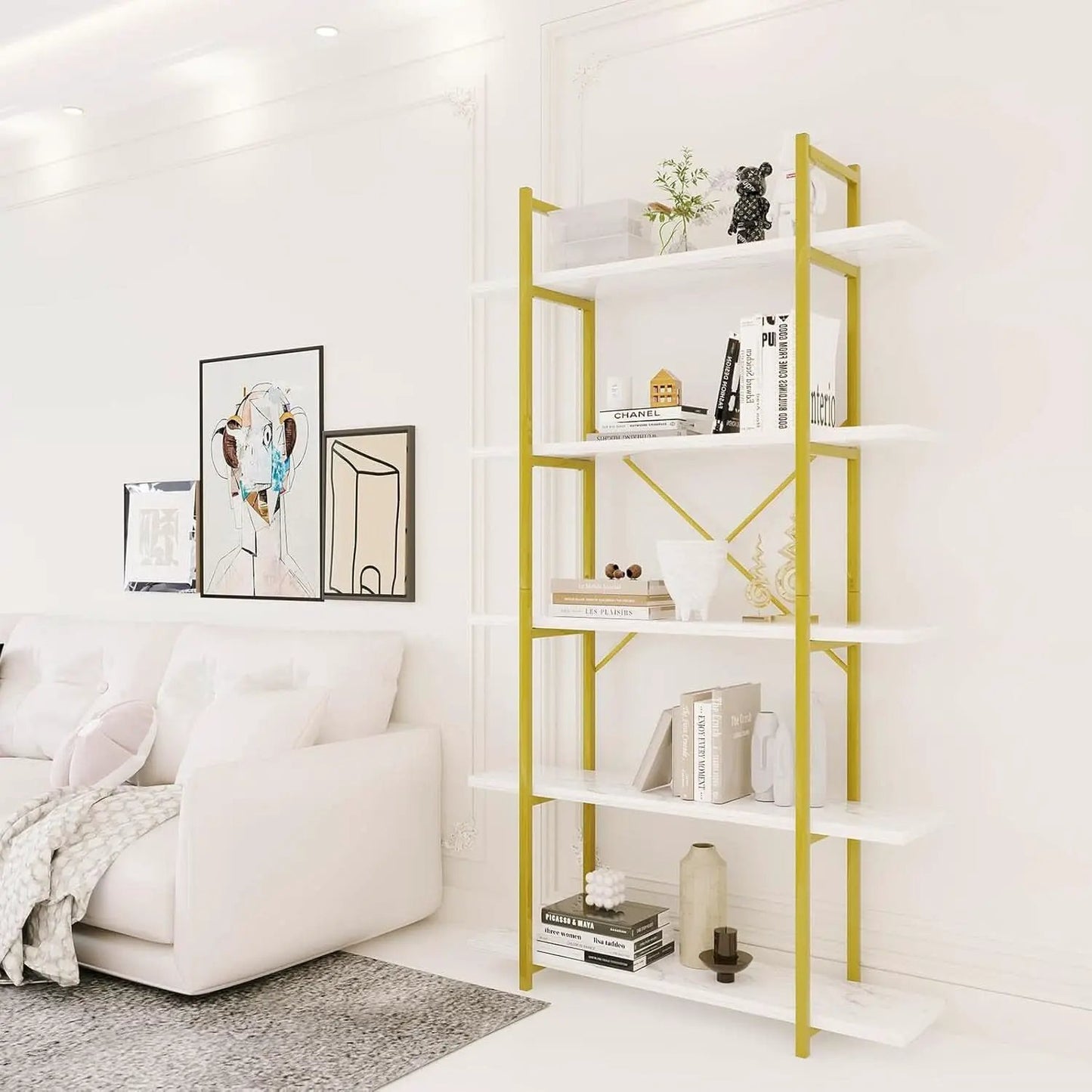 Five Tier Bookshelf Organizer White Faux Marble Metal Open Display from PriceLows™