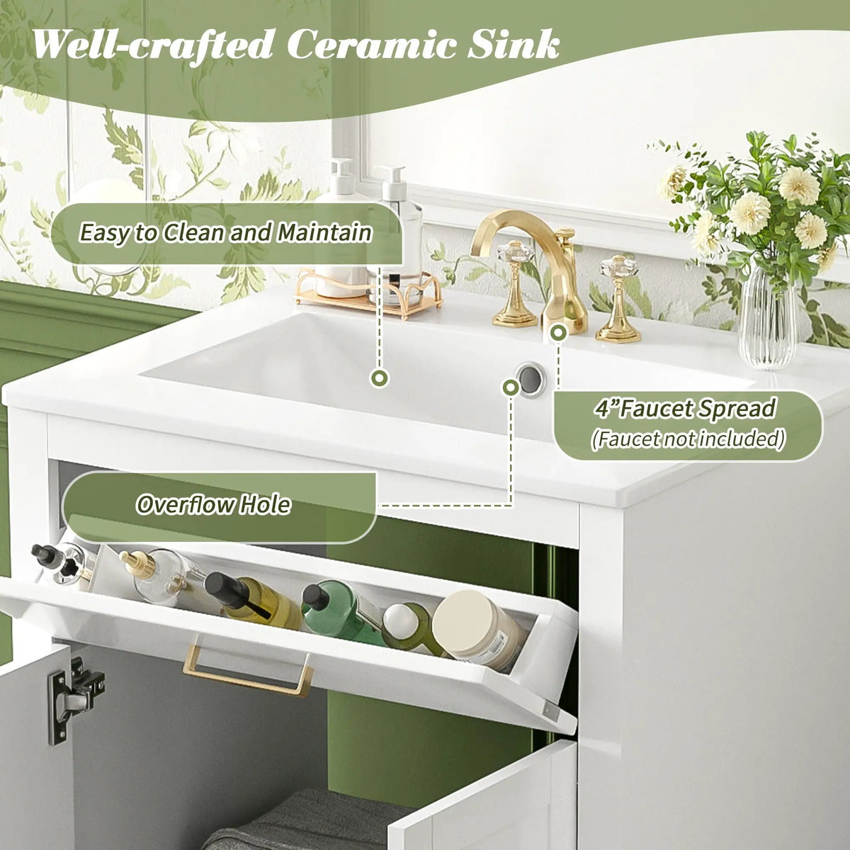 24 Inch Modern Vanity | Integrated Ceramic Sink | 2 Door Cabinet | Tip-Out Drawer