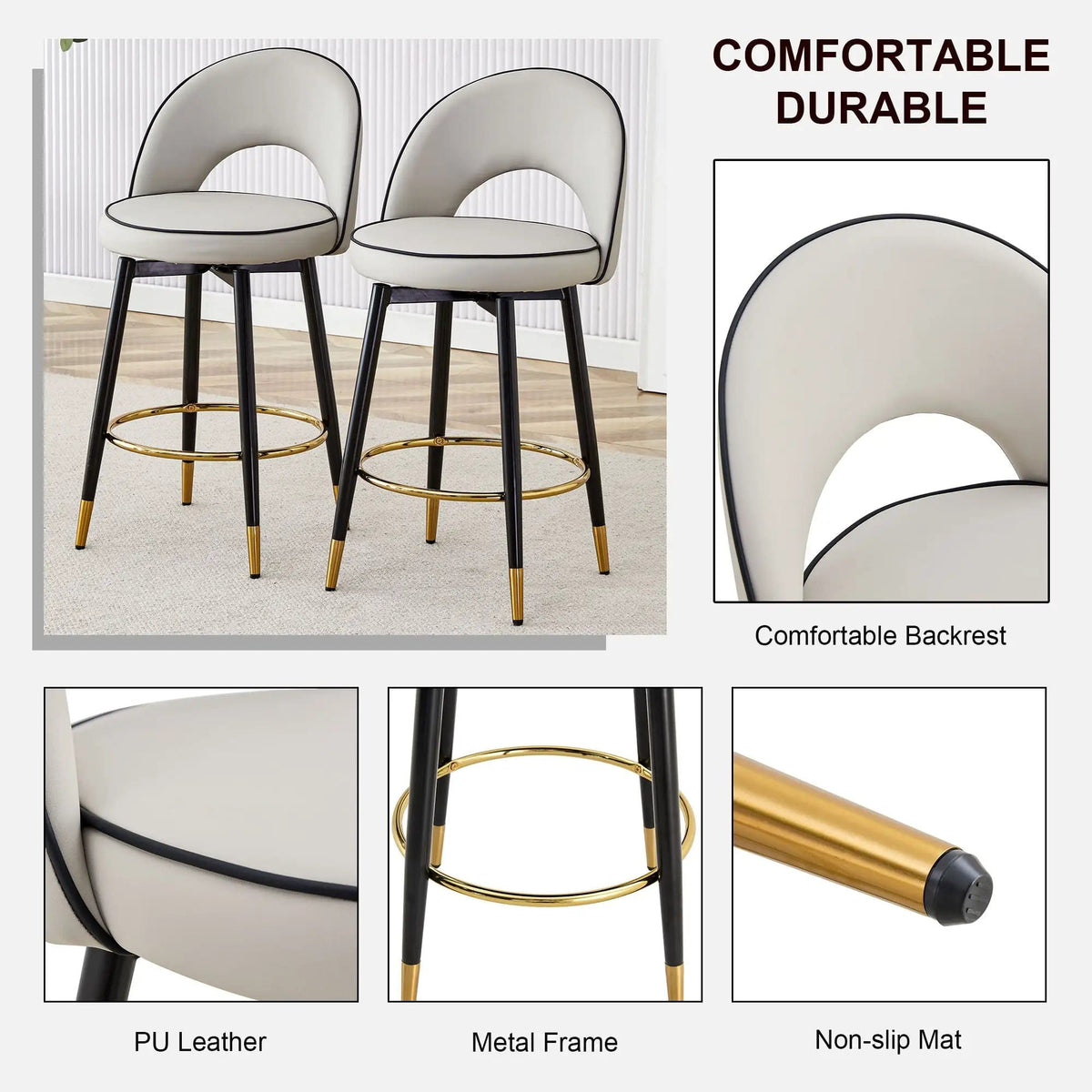 Modern Upholstered 360° Rotatable Bar Chair With Metal Legs For Dining Room (Set of | 2 Pieces | Metal | Dining Room