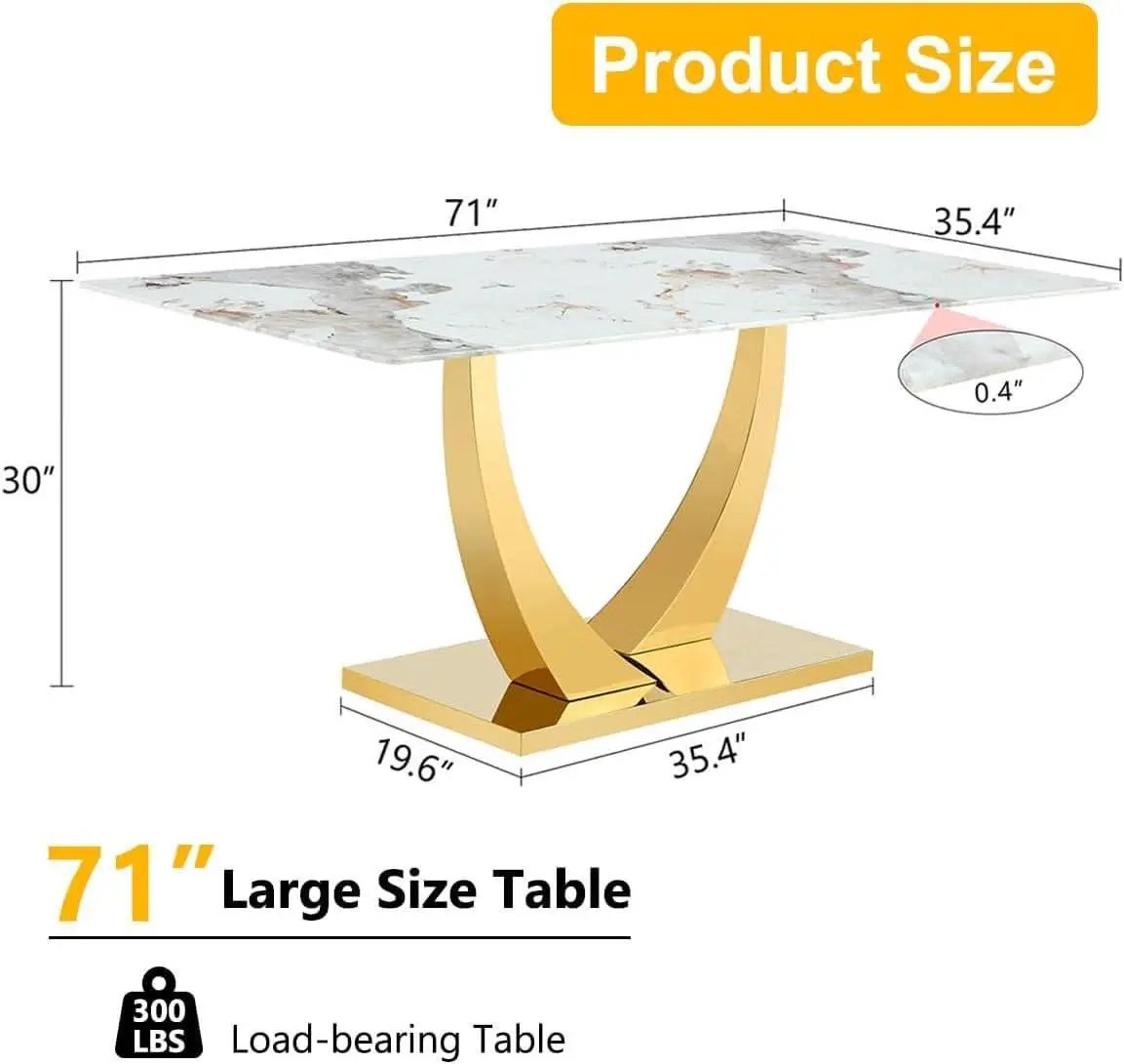 71 Inch Faux Marble Dining Table Tempered Glass Top from PriceLows™