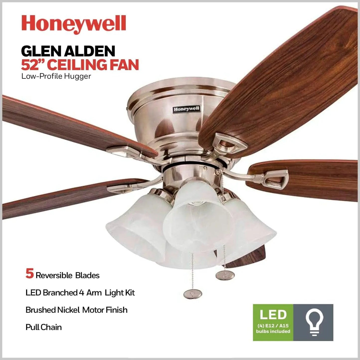 52 Inch Brushed Nickel LED Five Blade Ceiling Fan Light from PriceLows™