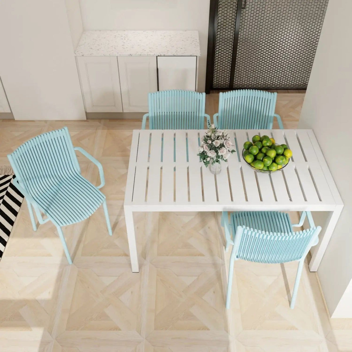 4 Modern Stackable Armchair Matched With Long Table 5 Piece Outdoor Set | 5 Piece Outdoor Set | Metal | Outdoor Living