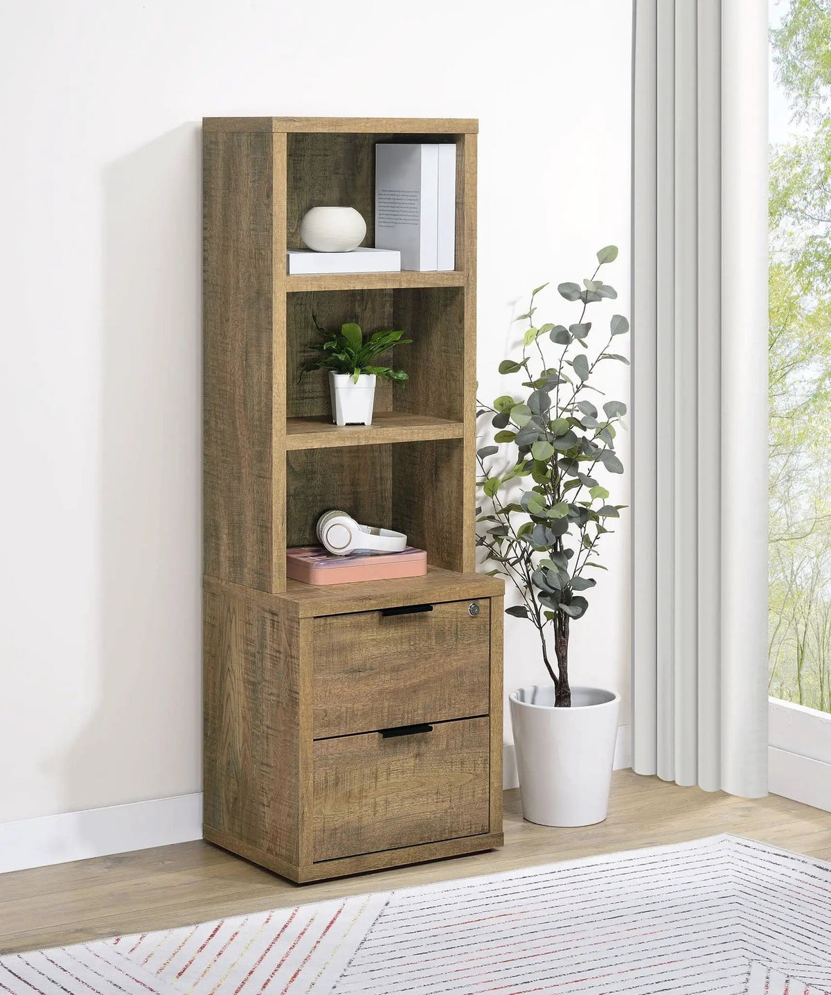 Westpark 3-shelf Bookcase USB and Lockable Drawer Mango | 19.75 x 15.5 x 61.25 in | Engineered Wood & Veneer | Home Office