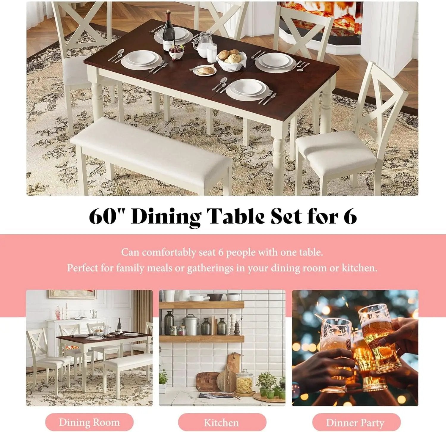 Sixty Inch Solid Wood Walnut Finish Dining Table Set Upholstered Chairs from PriceLows™