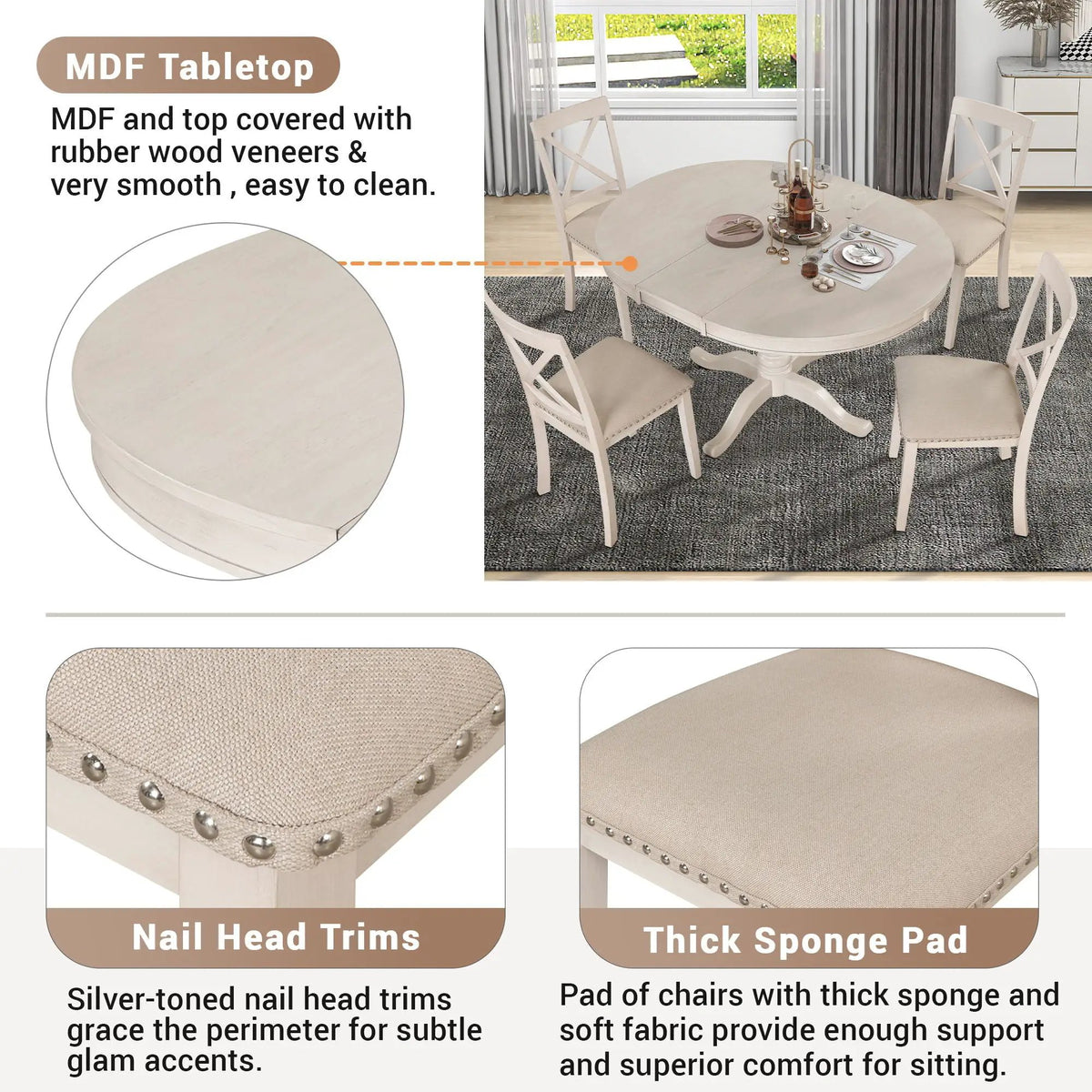 Round Dining Table Set | 4 Matching Chairs | Modern Design | Rubberwood Top