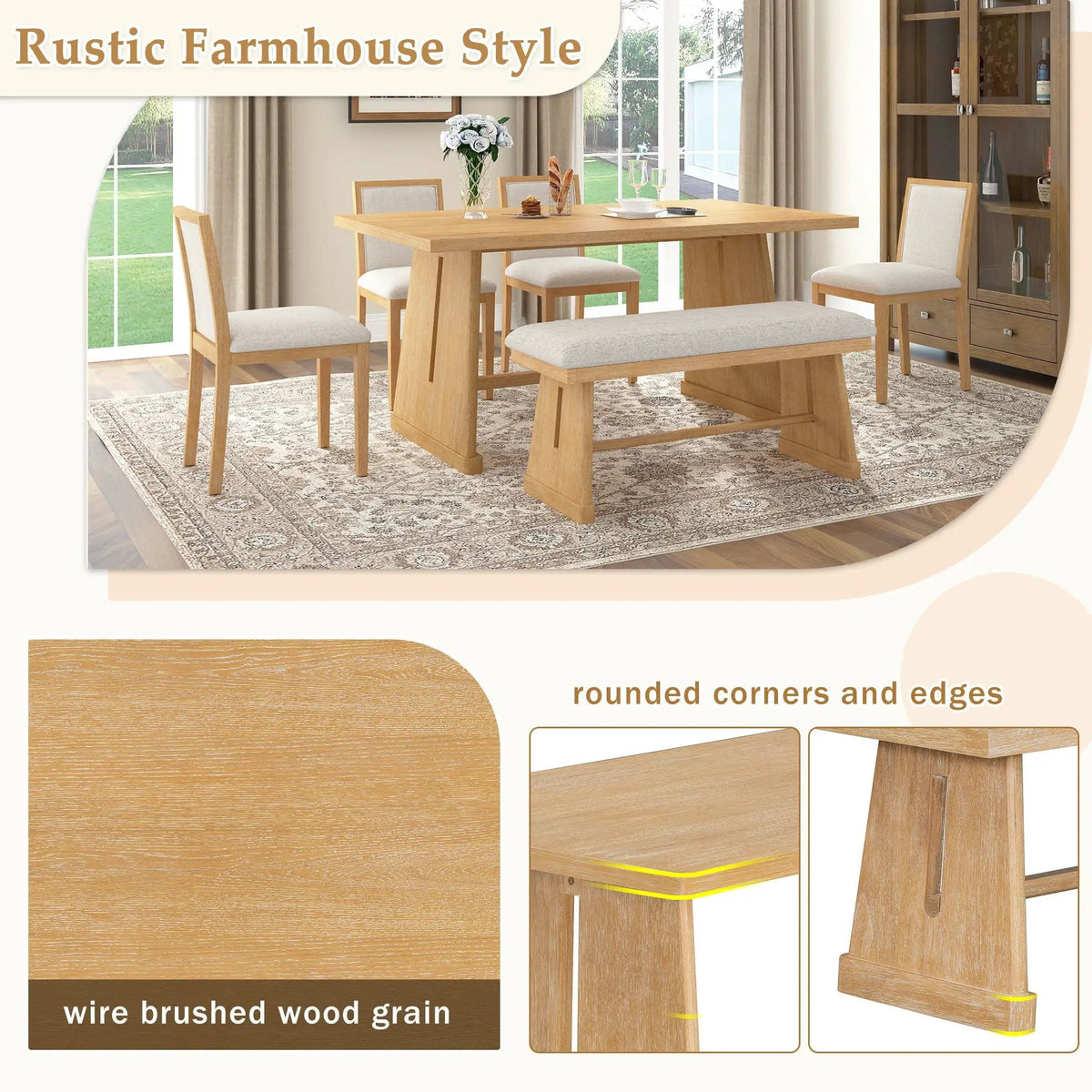 Dining Set | Rectangular Table | 4 Chairs 1 Bench | Seats 6