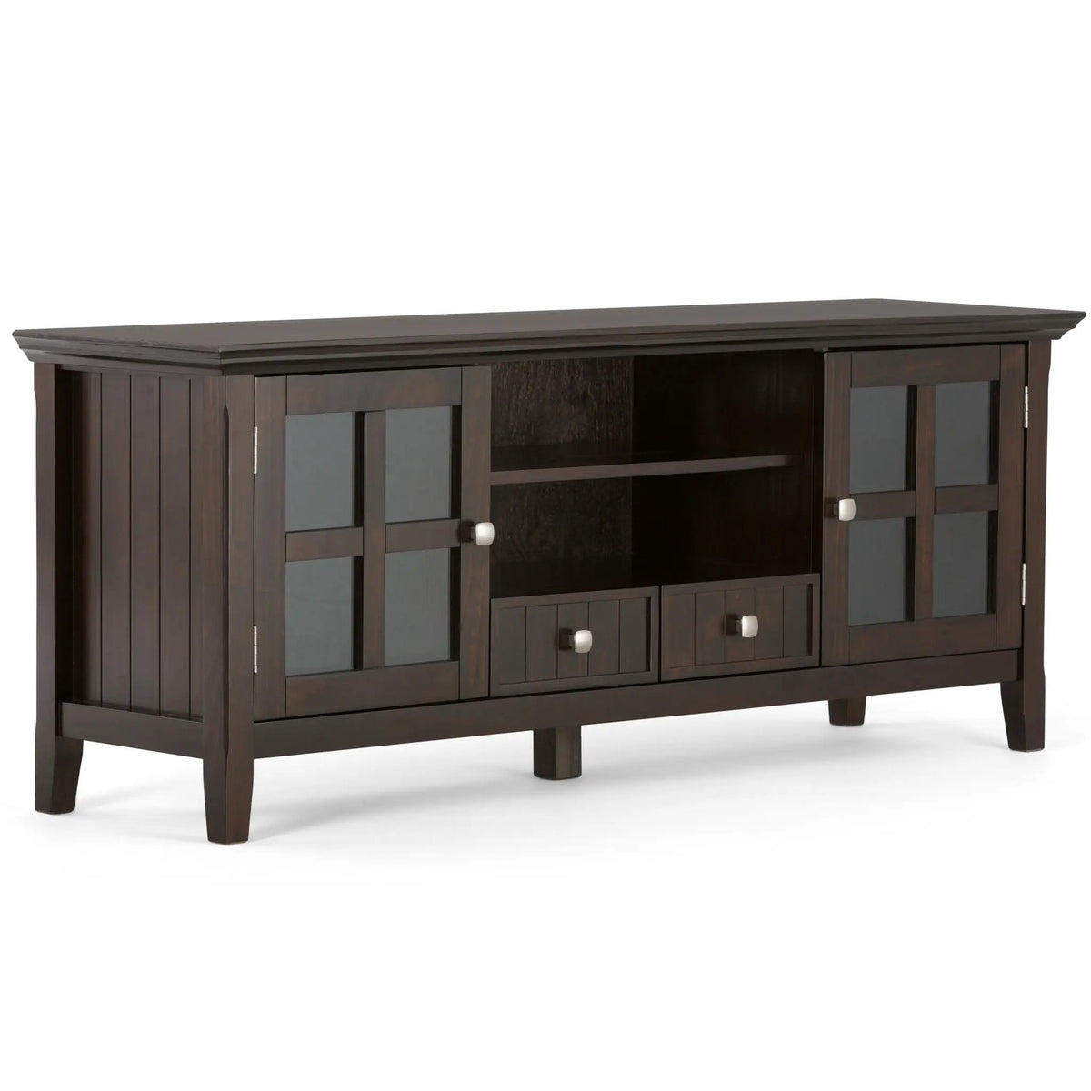 Acadian TV Media Stand | Handcrafted Solid Wood | 2 Bottom Drawers | Tempered Glass Side Cabinets