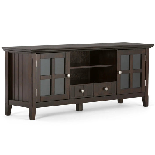 Acadian TV Media Stand | Handcrafted Solid Wood | 2 Bottom Drawers | Tempered Glass Side Cabinets