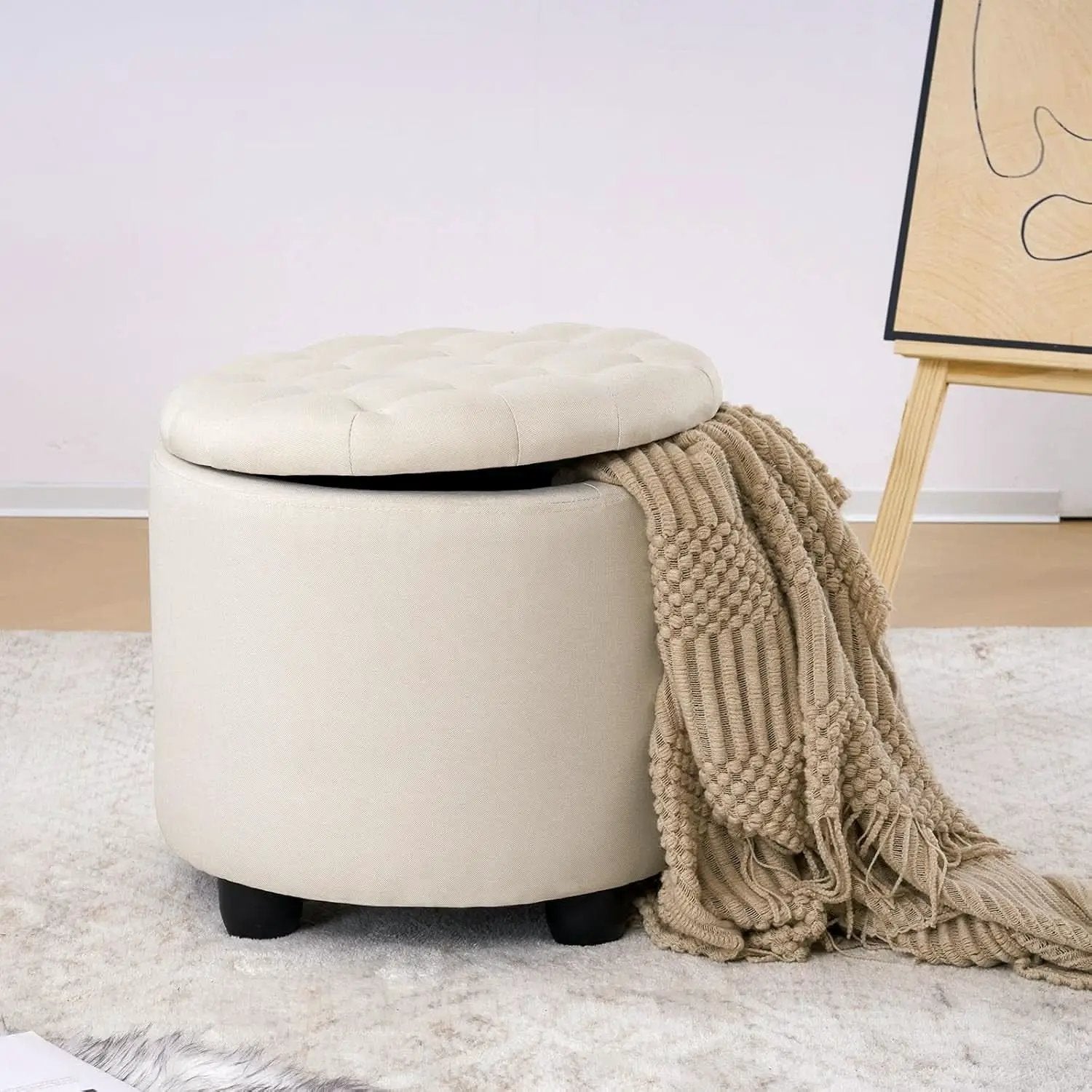 Beige Round Storage Ottoman Featuring Removable Lid from PriceLows™