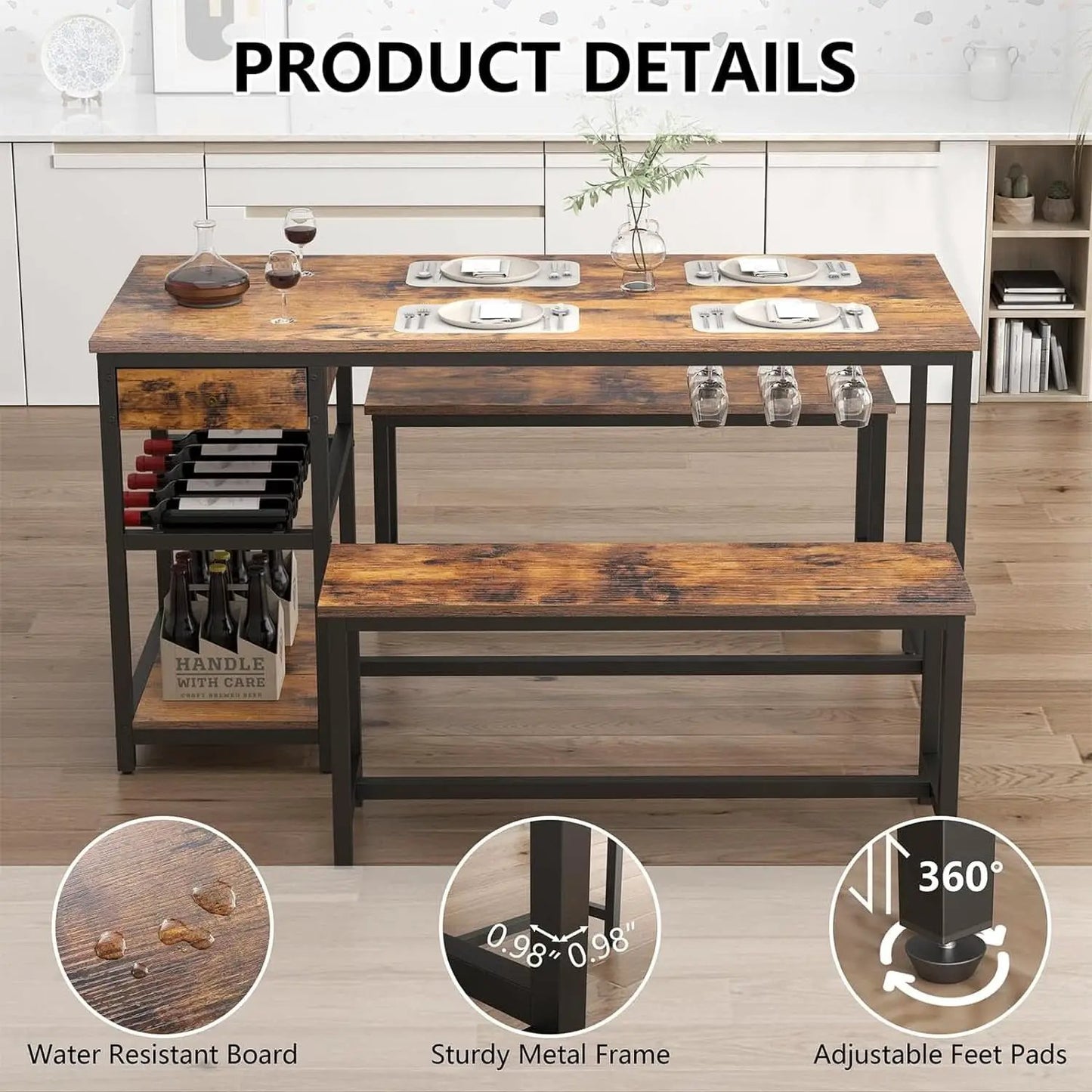 Rustic Dining Table Set For 4 To 6 With Storage Drawer from PriceLows™