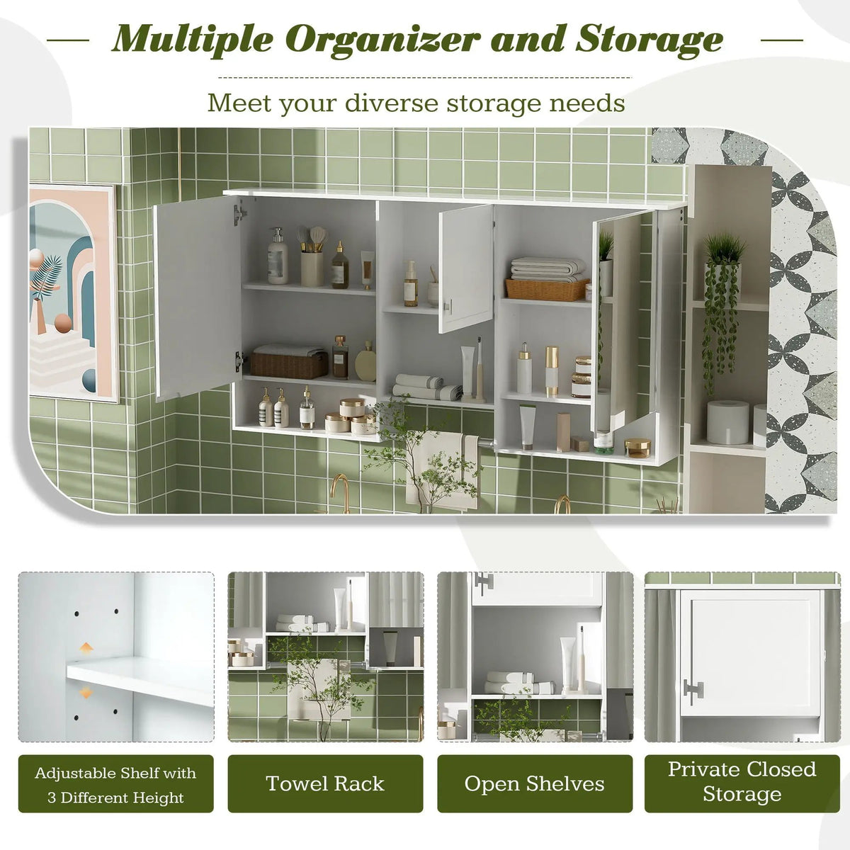 White Wall-Mount Mirror Cabinet | 55 Inch Width | 3-In-1 Design | Soft-Closing Hinges