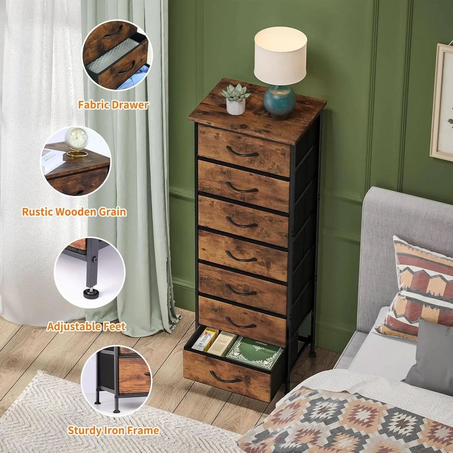 Tall Dresser With Seven Fabric Drawers In Woodgrain Finish from PriceLows™