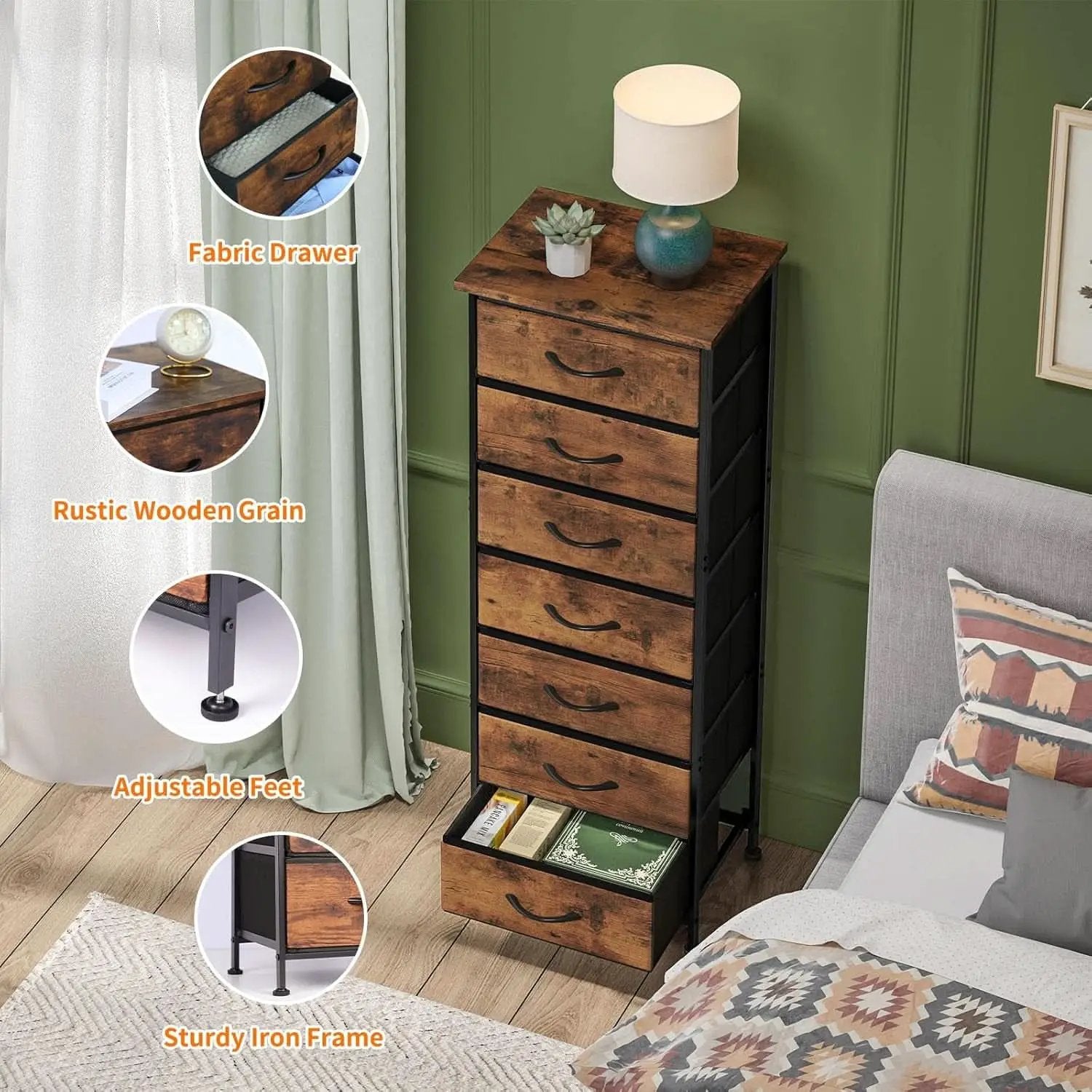Tall Dresser With Seven Fabric Drawers In Woodgrain Finish from PriceLows™