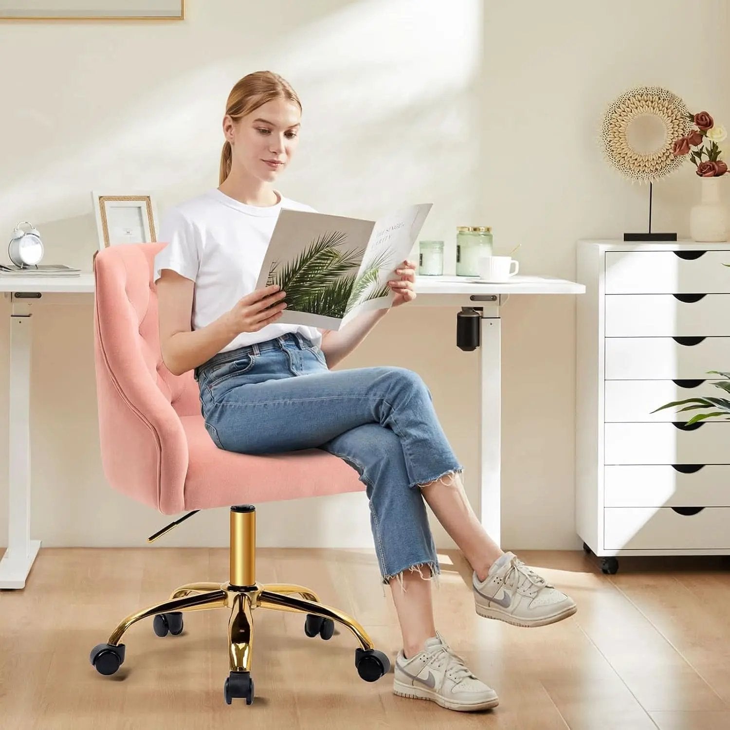 Pink Velvet Office Chair 360 Swivel Modern Desk Chair from PriceLows™