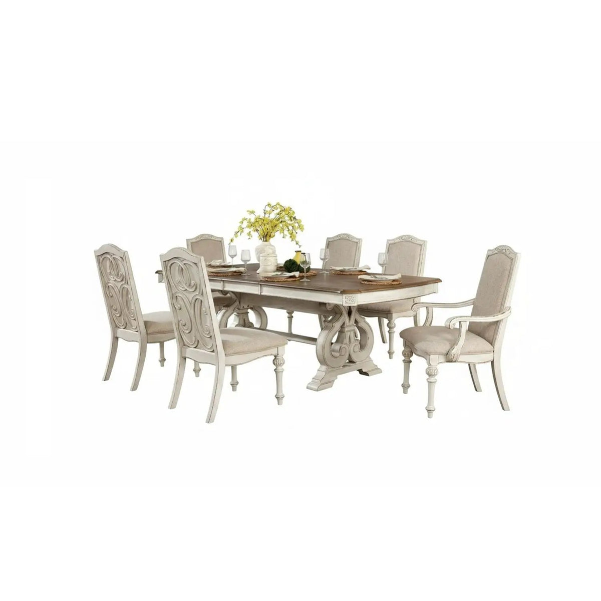 Rustic Dining Set | 96 Inch Table | Upholstered Chairs | Intricate Wood Inlay Details