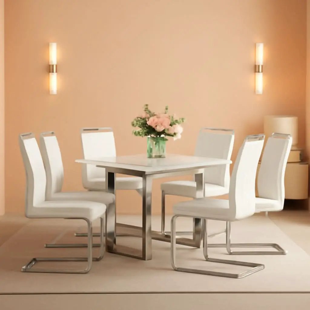 Dining Table Set For Six Seventy One Inch White Marble Top Leather Chairs from PriceLows™
