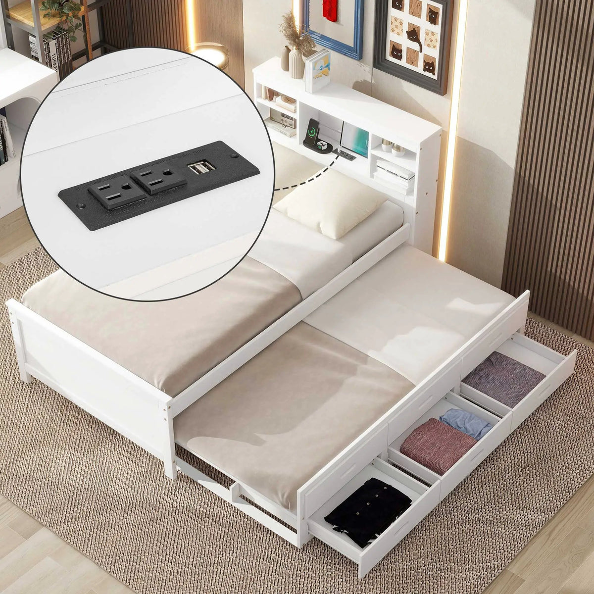 Platform Bed | Storage Headboard | USB Ports | Twin Trundle