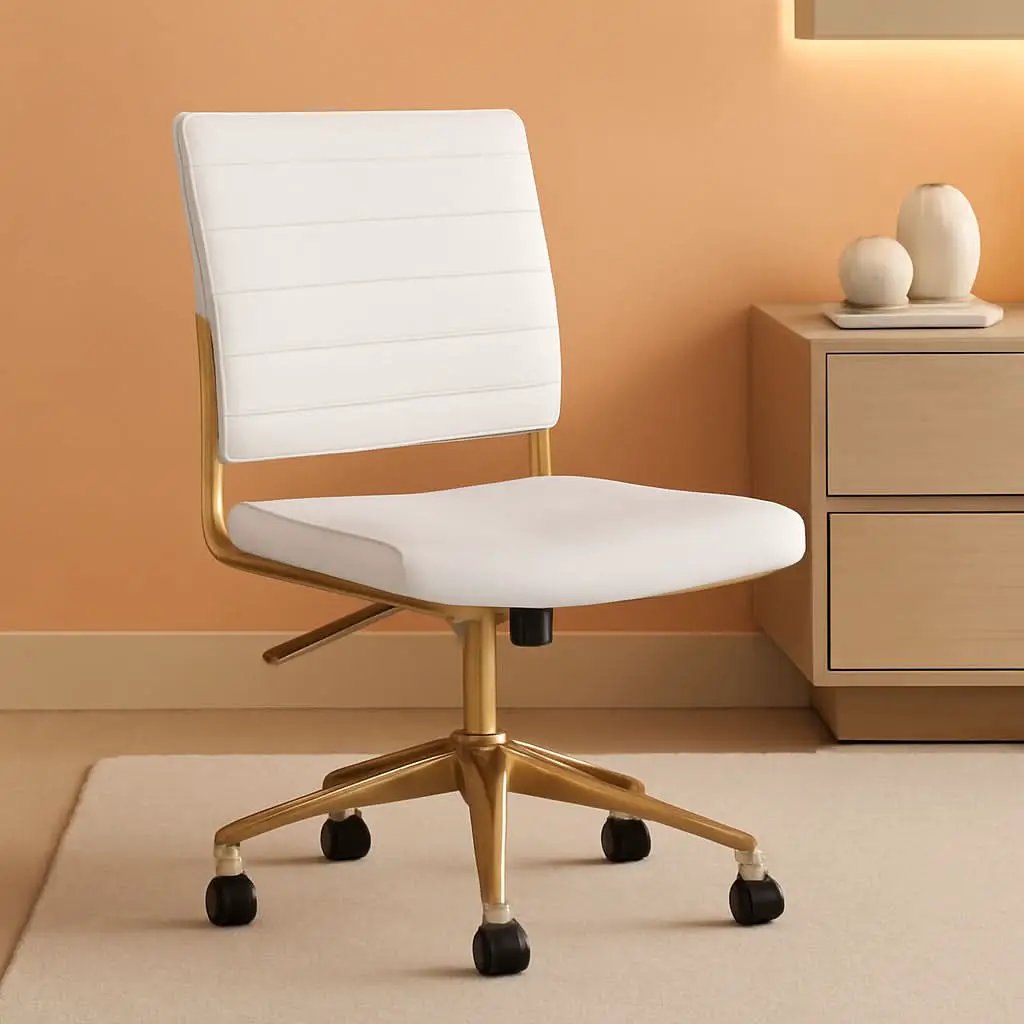 White Faux Leather Armless Swivel Chair Brass Frame from PriceLows™