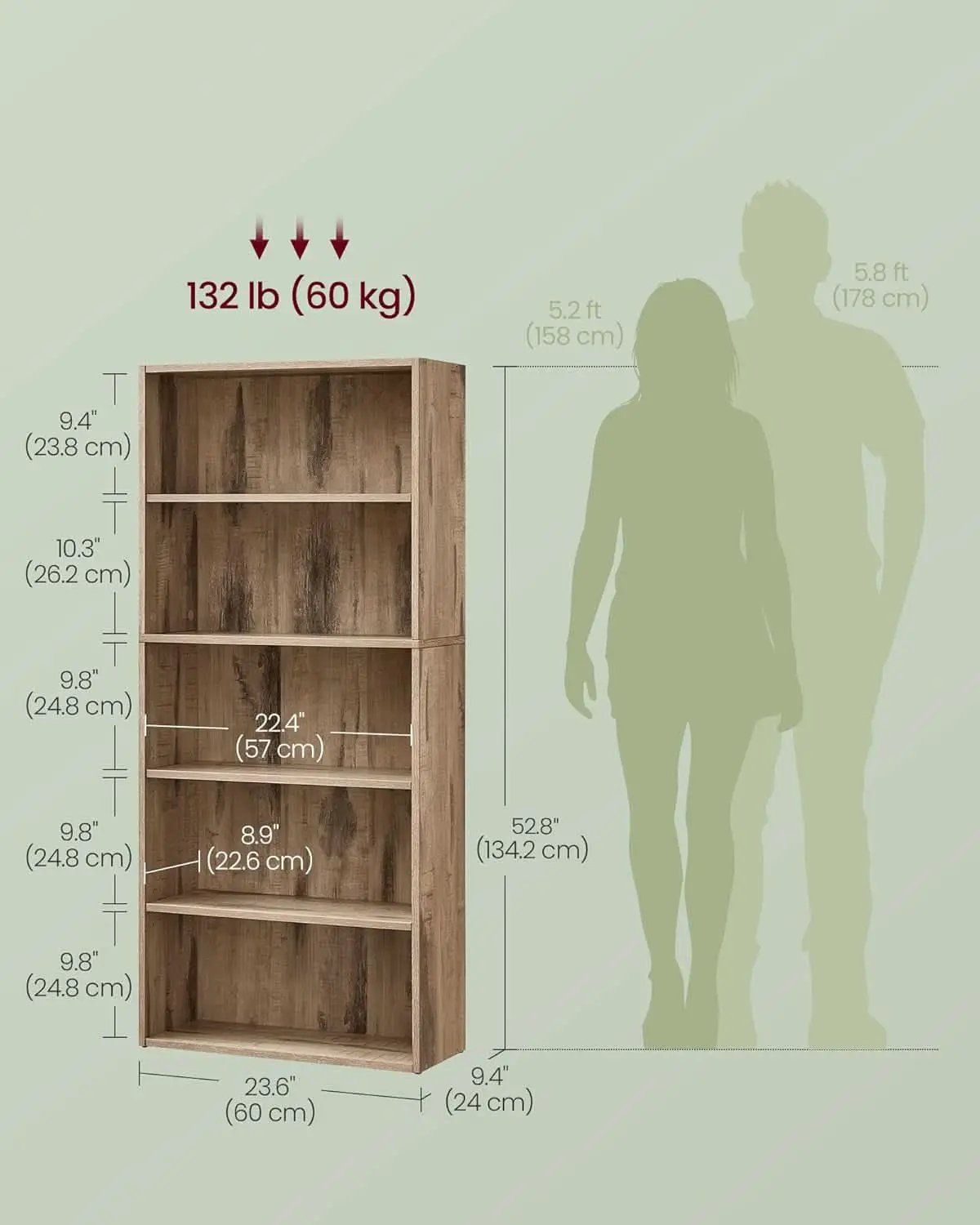 Bookshelf 23.6 Wide 5 Tier Adjustable Bookcase Camel Brown from PriceLows™