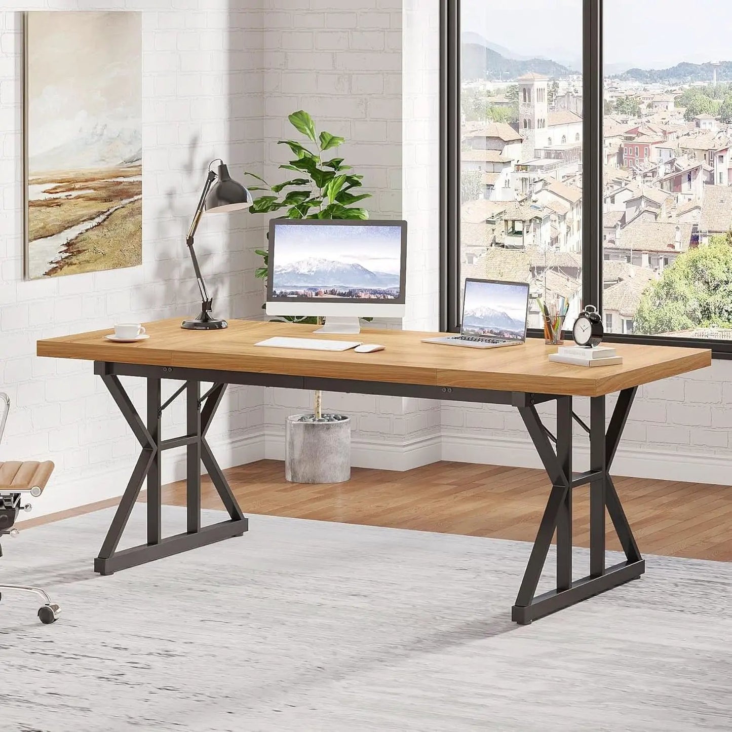 70.8 Inch Executive Desk Light Walnut Black Large Computer Office Desk from PriceLows™