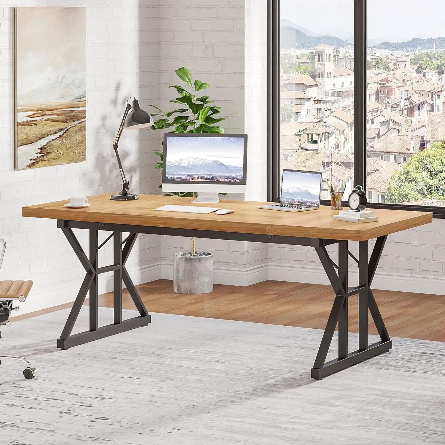 70.8 Inch Executive Desk Light Walnut Black Large Computer Office Desk from PriceLows™