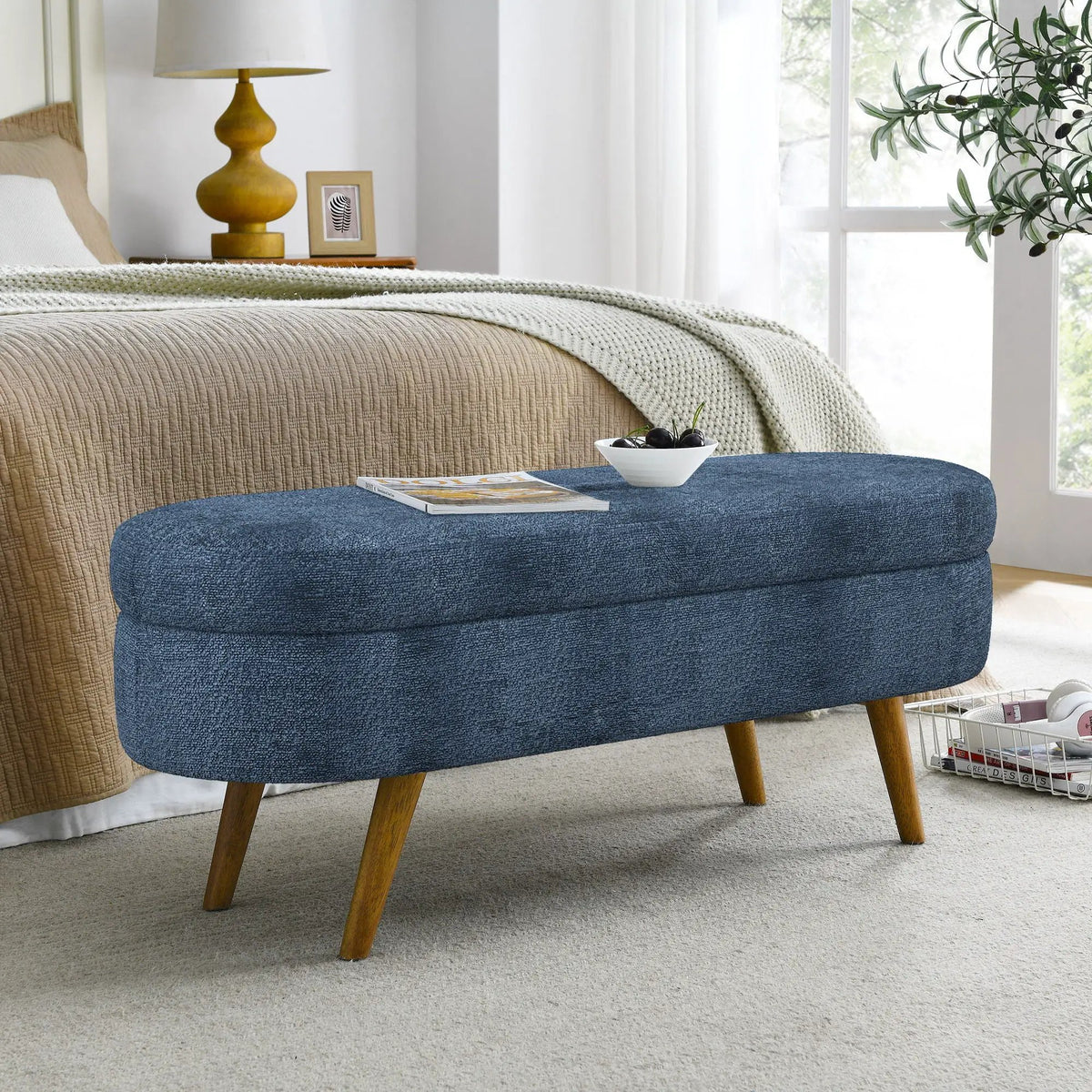 Oval Storage Ottoman Bench | Rubber Wood Legs | Pleated Dark Fabric | Footstool Or Extra Seating