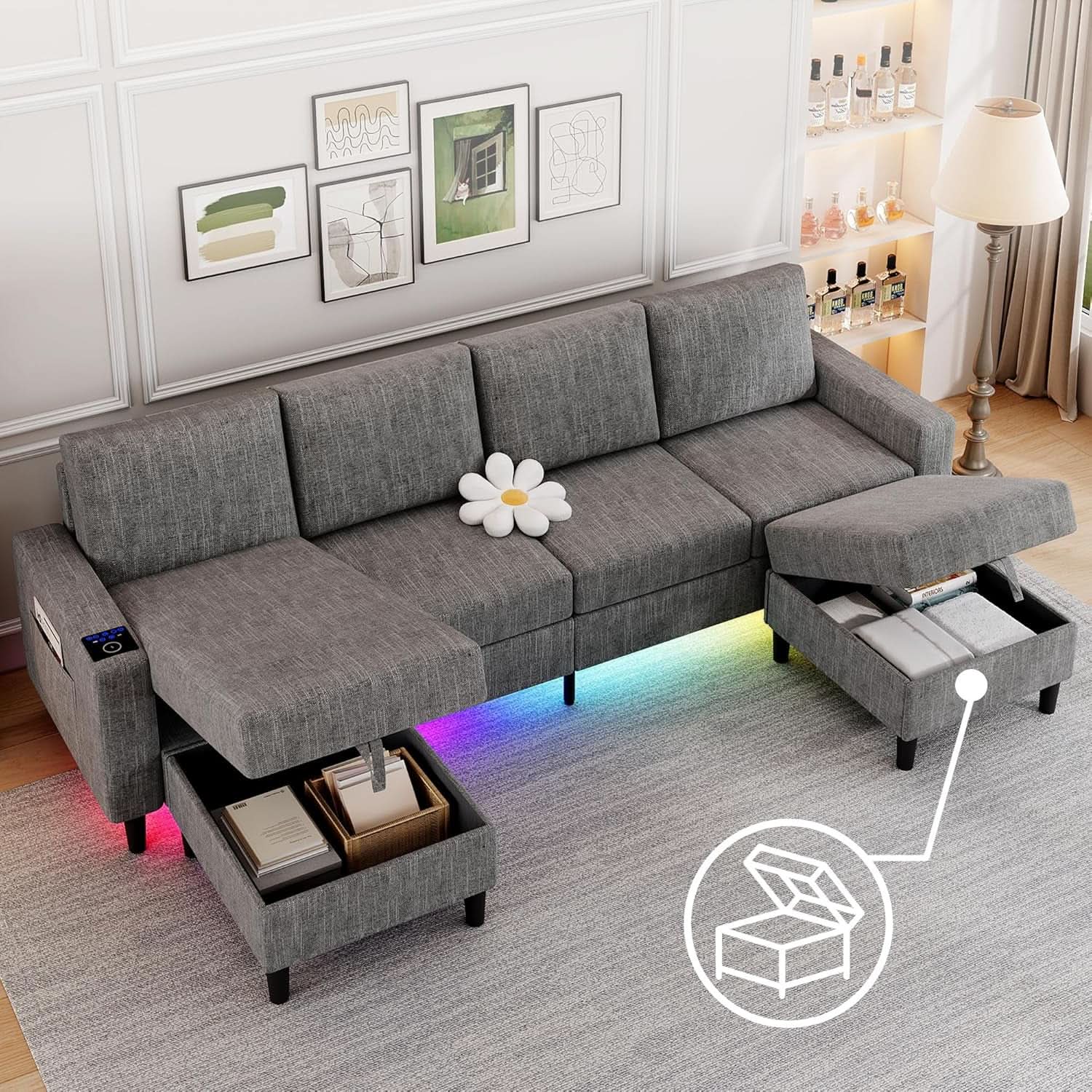 Light Grey 4 Seat Reversible Chaise Sectional Sofa from PriceLows™
