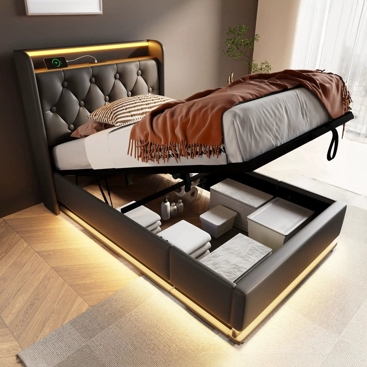 Upholstered Bed, 360 Surround LED Function, Remote Control, Hydraulic Storage Bed | 8 Pieces | Fabric & Iron | Bedroom