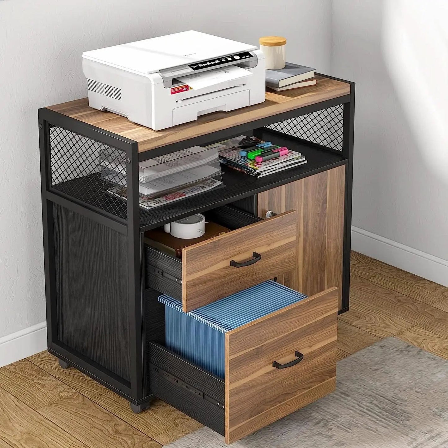 Rustic L Shaped Desk With Storage Cabinet On Wheels from PriceLows™