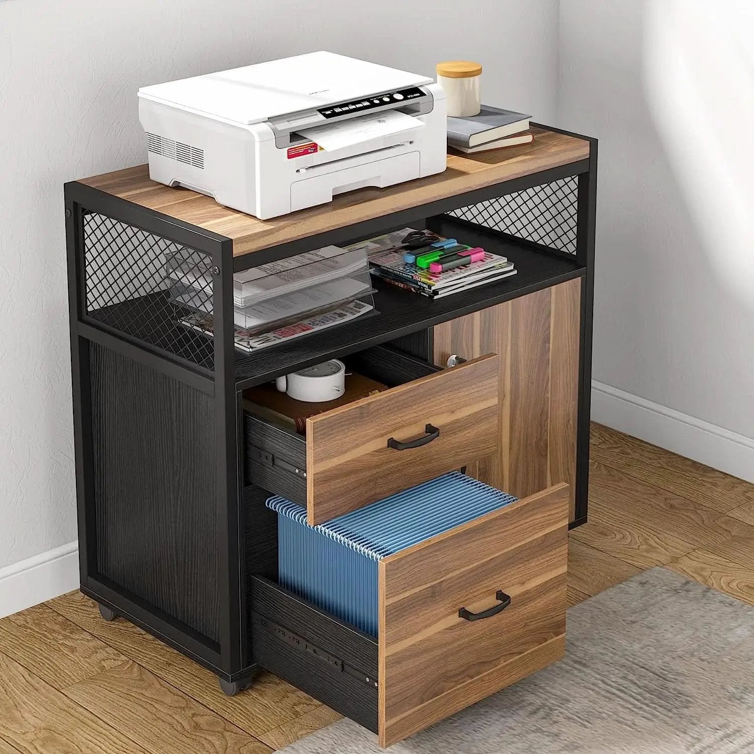 Rustic L Shaped Desk With Storage Cabinet On Wheels from PriceLows™