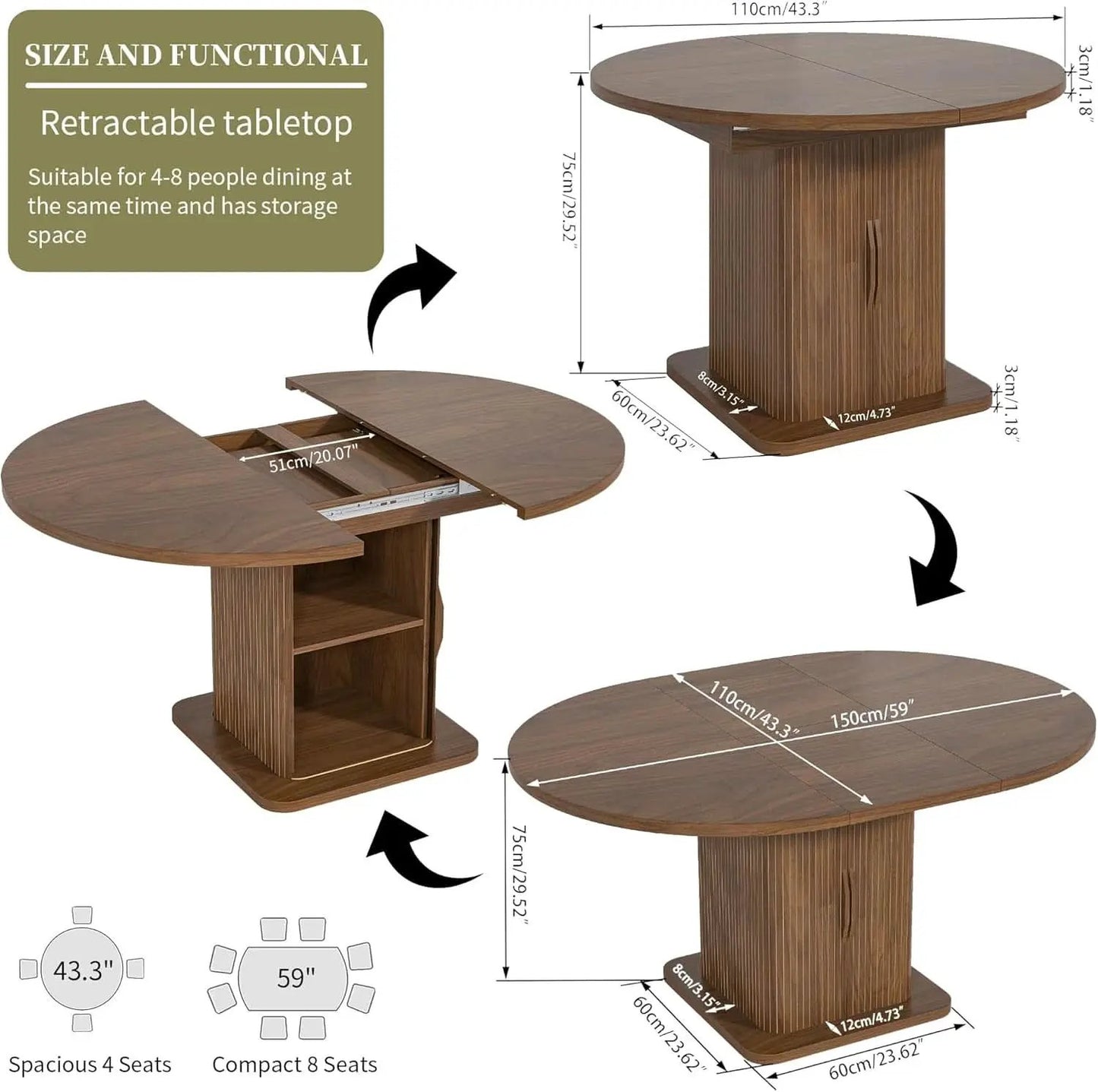 Extendable Round Dining Table 59 Inch Walnut Modern from PriceLows™