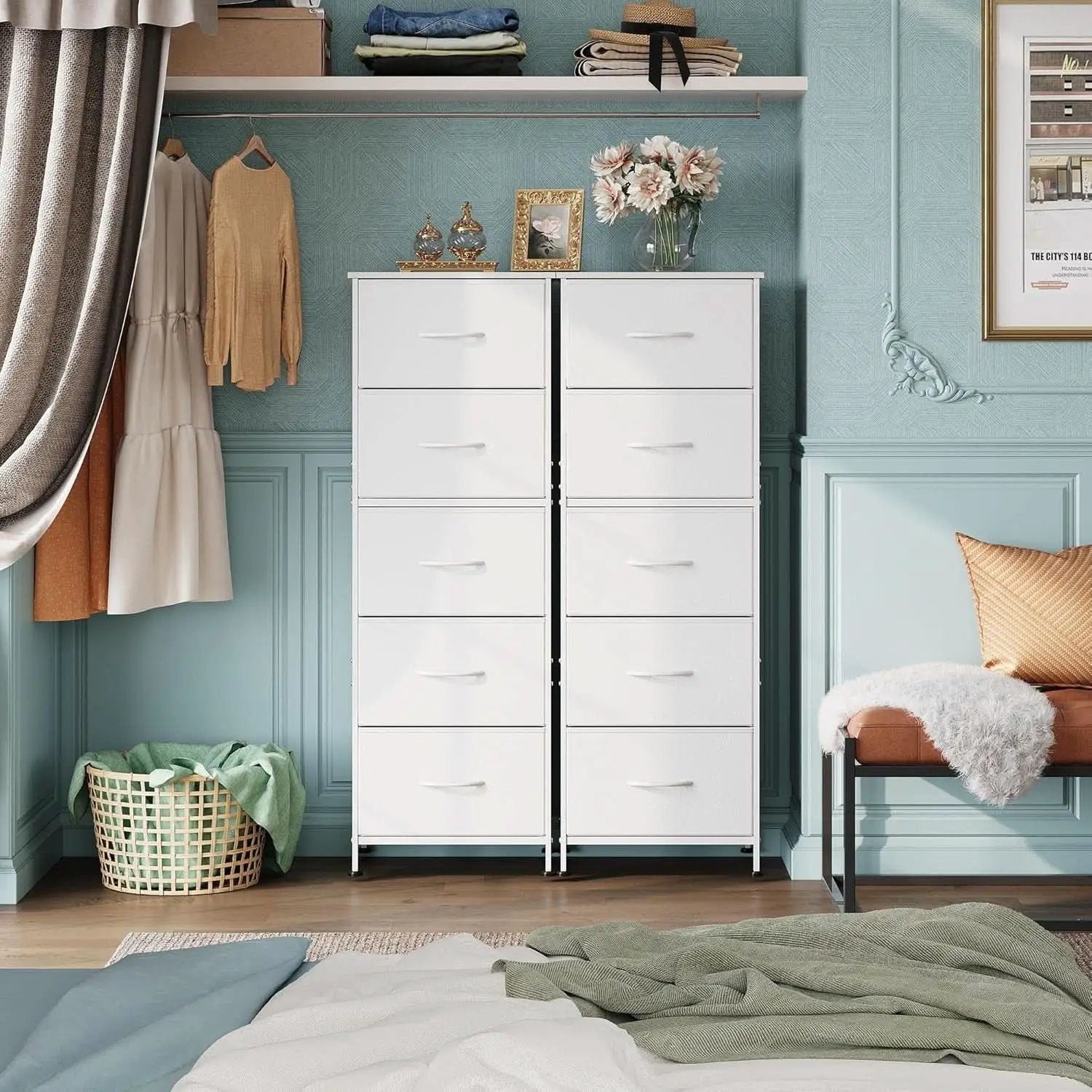 Fabric Dresser For Bedroom With Tall White Finish Storage from PriceLows™